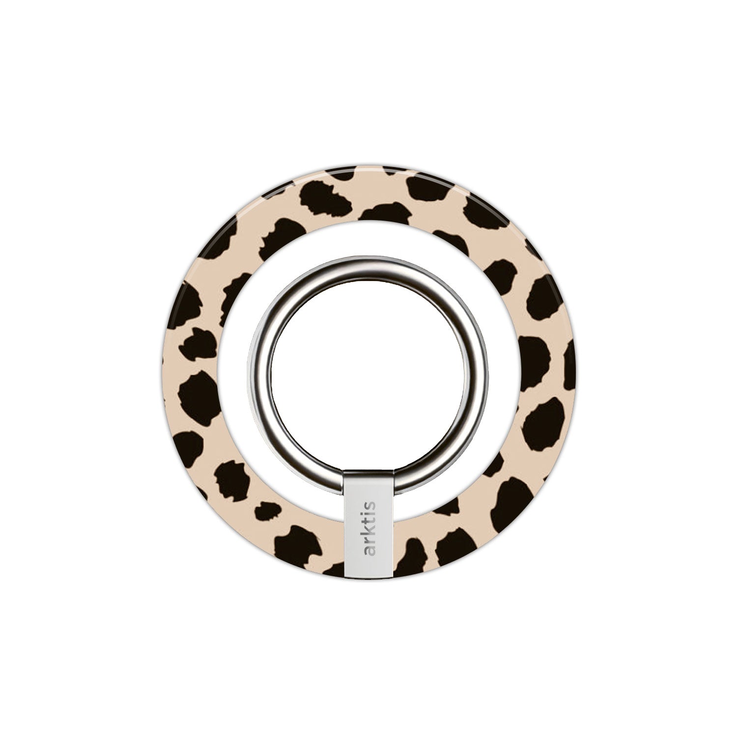 Der arktis iPhone MagSafe Ring Halter ist mit einem beigen und schwarzen Leopardenmuster und einem silbernen Metallring versehen. Starke N52-Magnete sorgen für MagSafe-Kompatibilität und machen dieses arktis Accessoire perfekt für Ihr Handy.