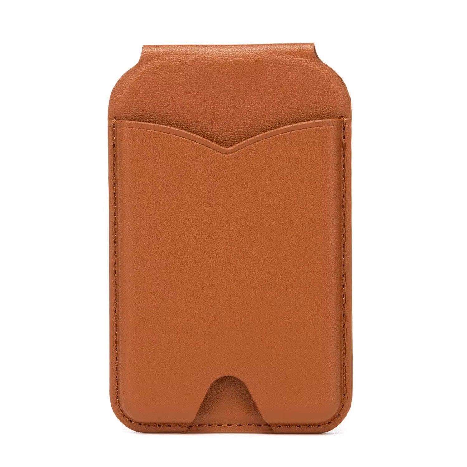 Die arktis iPhone MagSafe Wallet Kartenhalter mit Spiegel, in Tan Kunstleder mit Fronttasche und geschwungener Naht, wird vor einem weißen Hintergrund gezeigt; kompatibel als MagSafe Wallet für iPhone 12.