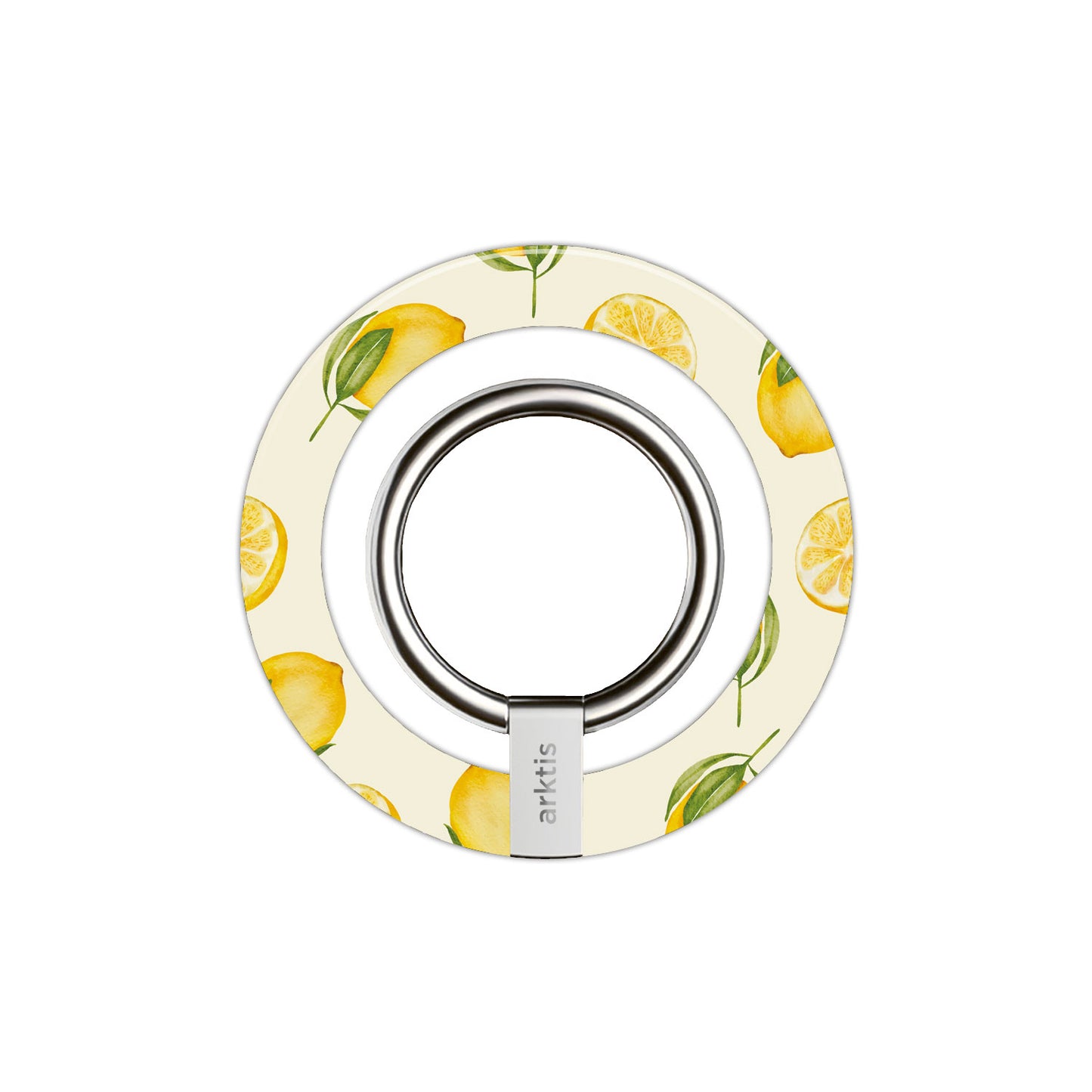 Der arktis iPhone MagSafe Ring Halter von arktis besticht durch ein kreisrundes Zitronenmuster auf Weiß und einen N52 Magneten zur sicheren Befestigung - ideal als stylisches iPhone Zubehör.