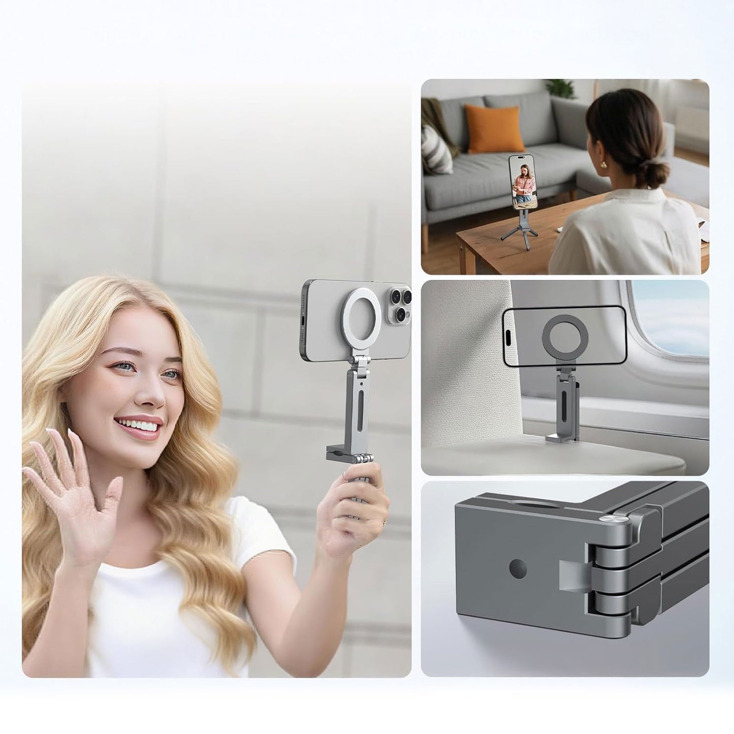 Eine Frau nutzt die arktis iPhone MagSafe Tripod 360 Halterung für Selfies, Videotelefonate und auf Reisen, dargestellt in verschiedenen Umgebungen.