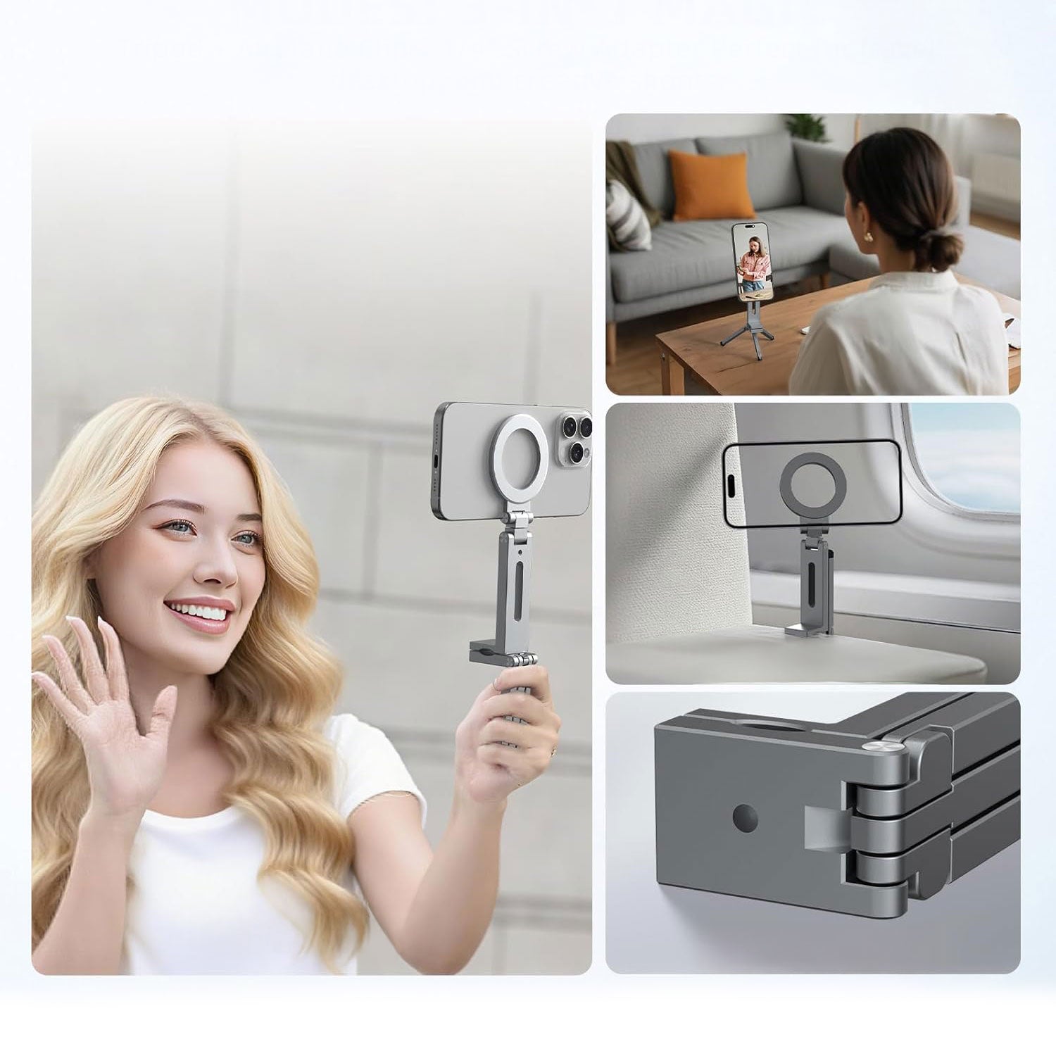 Eine Frau nutzt die arktis iPhone MagSafe Tripod 360 Halterung für Selfies, Videotelefonate und auf Reisen, dargestellt in verschiedenen Umgebungen.