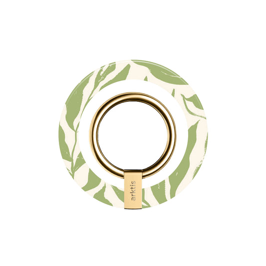 Der arktis Magnetischer Ringhalter für MagSafe - Botanic ist ein runder Handygriff mit goldenem Ring und grünem Blattdesign auf Weiß, der mit starken N52-Magneten für sicheren Halt sorgt - ideal als iPhone Zubehör und MagSafe Ringhalter.