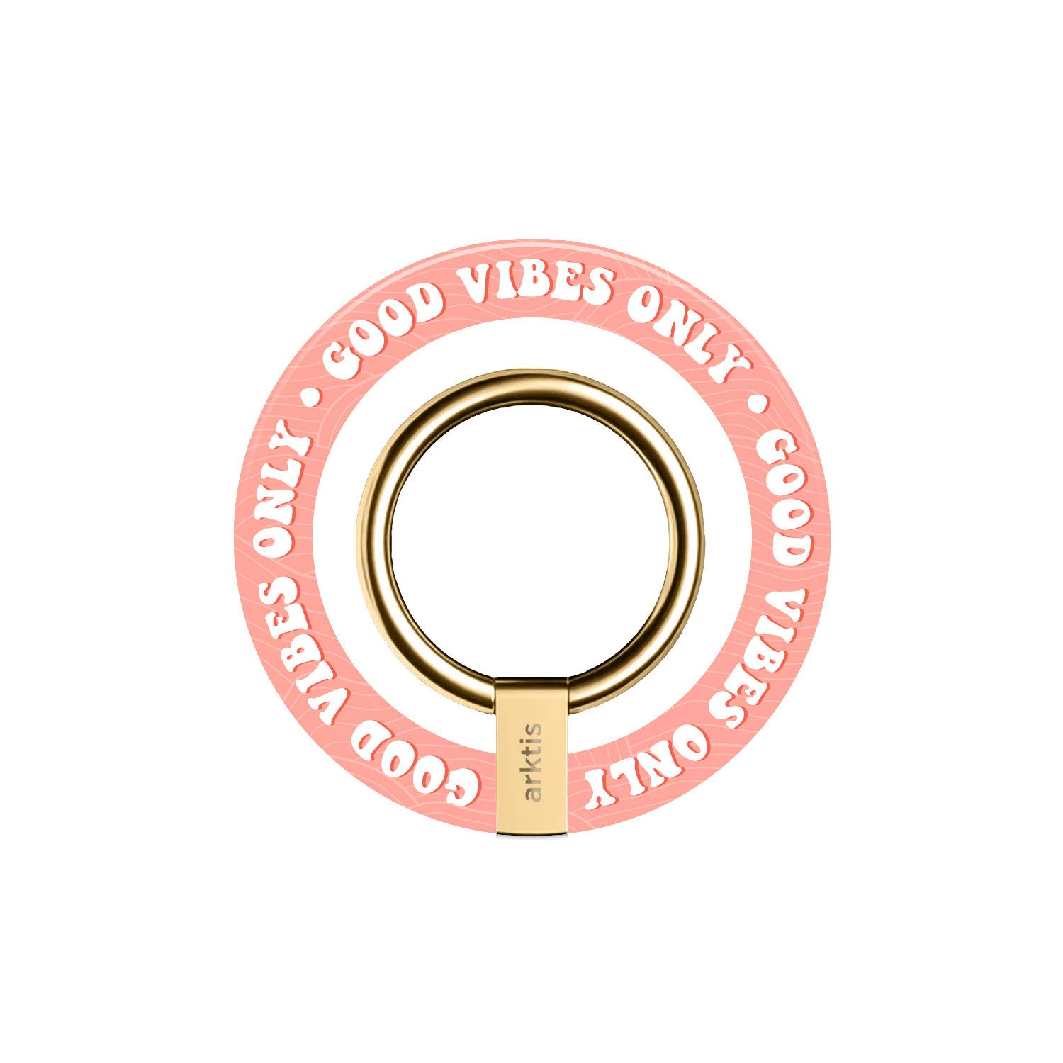 Der arktis iPhone MagSafe Ring Halter von arktis verfügt über einen goldenen Ring mit einem rosafarbenen, runden Sockel und dem Schriftzug "GOOD VIBES ONLY" in weißer Schrift sowie einem starken N52-Magneten für eine sichere, mühelose Befestigung des iPhone.