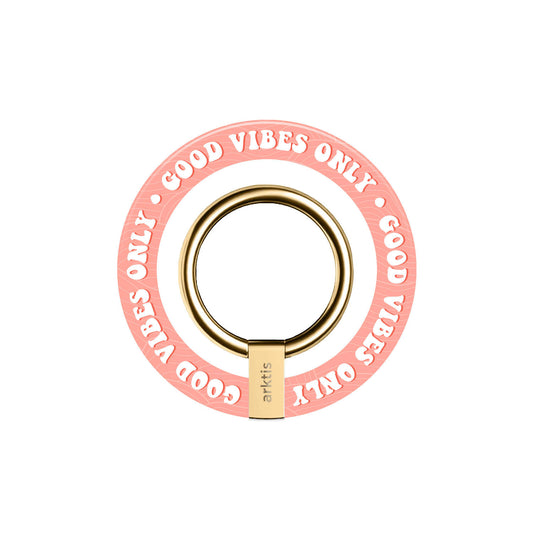 Der arktis Magnetischer Ringhalter für MagSafe - Good Vibes begeistert mit pink-goldenem Design, starken N52-Magneten und dem Schriftzug "GOOD VIBES ONLY" in Weiß rundum - das perfekte stylishe iPhone-Zubehör!.