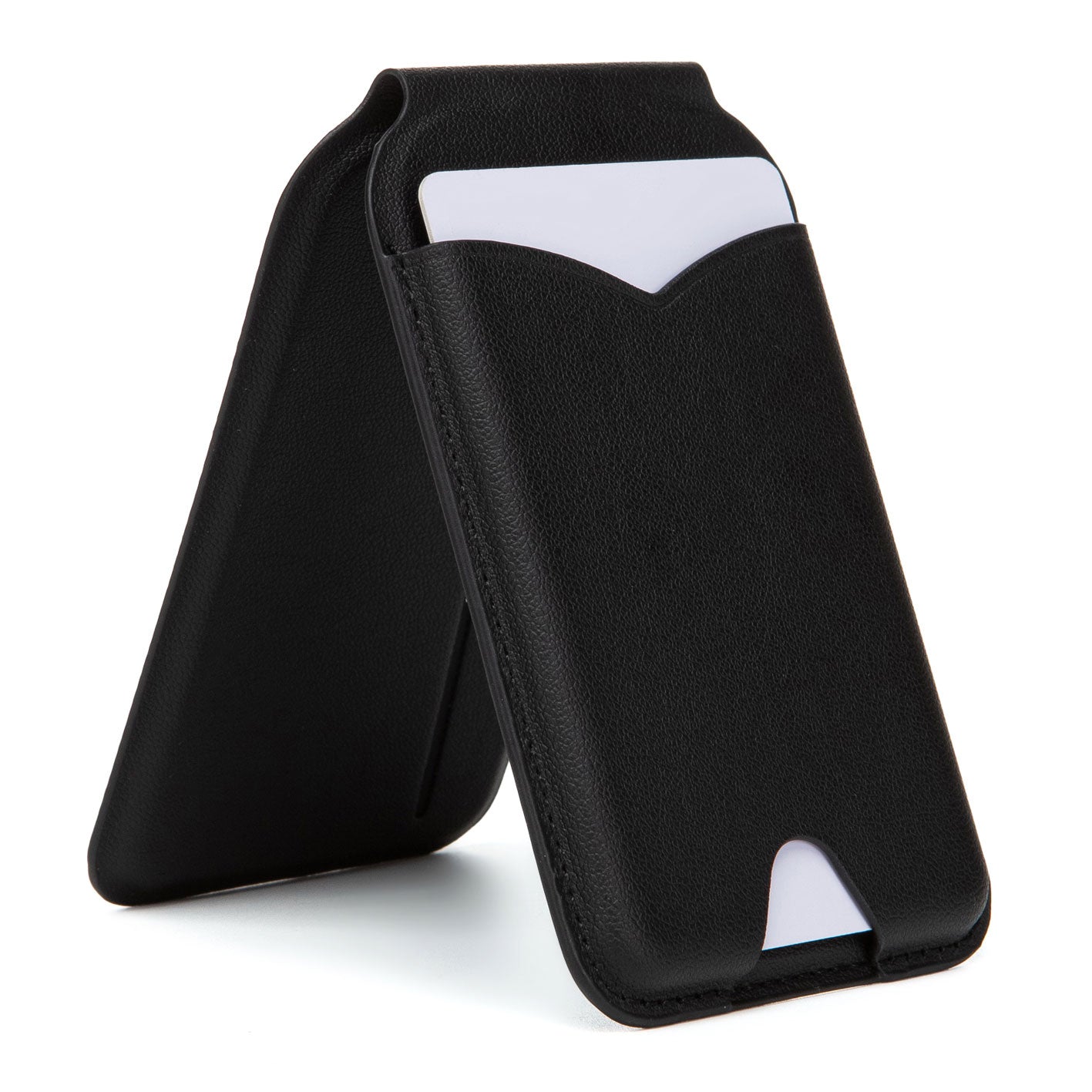 Der arktis iPhone MagSafe Wallet Kartenhalter mit Spiegel in schwarzem Kunstleder fasst zwei weiße Karten und ist kompatibel mit dem iPhone 12, abgebildet vor weißem Hintergrund.