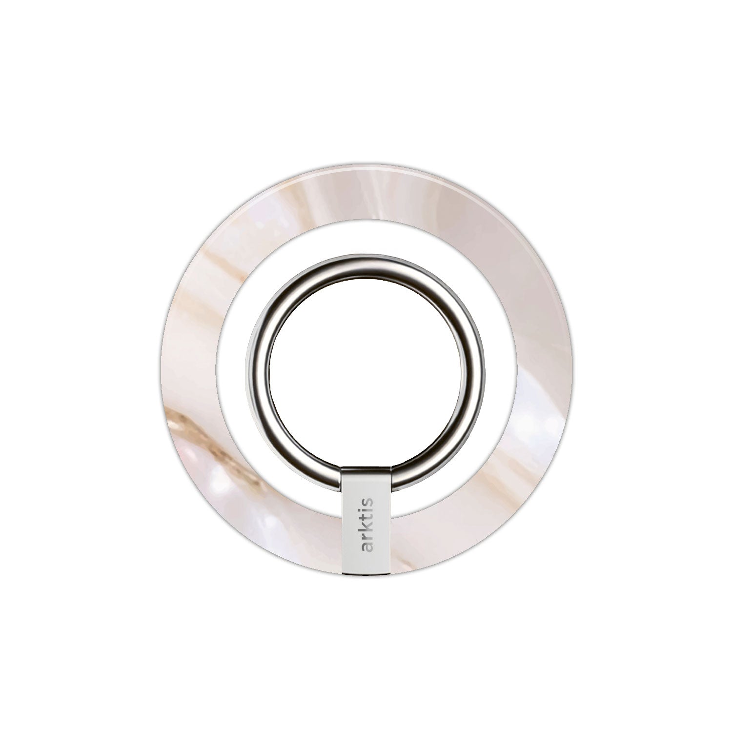 Der arktis iPhone MagSafe Ringhalter ist ein kreisförmiger Telefonringhalter mit perlenartigem Finish und dem Markennamen arktis auf dem Metallteil, der mit einem starken Neodym-Magneten für sichere MagSafe-Kompatibilität ausgestattet ist.