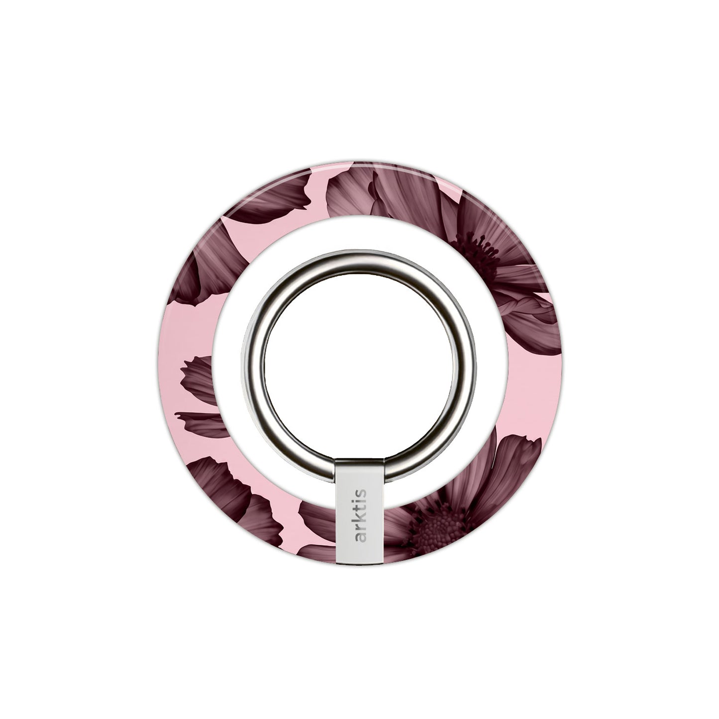 Der arktis Magnetischer Ringhalter für MagSafe - Bloom Case bietet ein rundes rosa Design mit lila Blumenmuster, metallischem Mittelring und starken N52-Magneten für sicheres, stilvolles iPhone Zubehör.