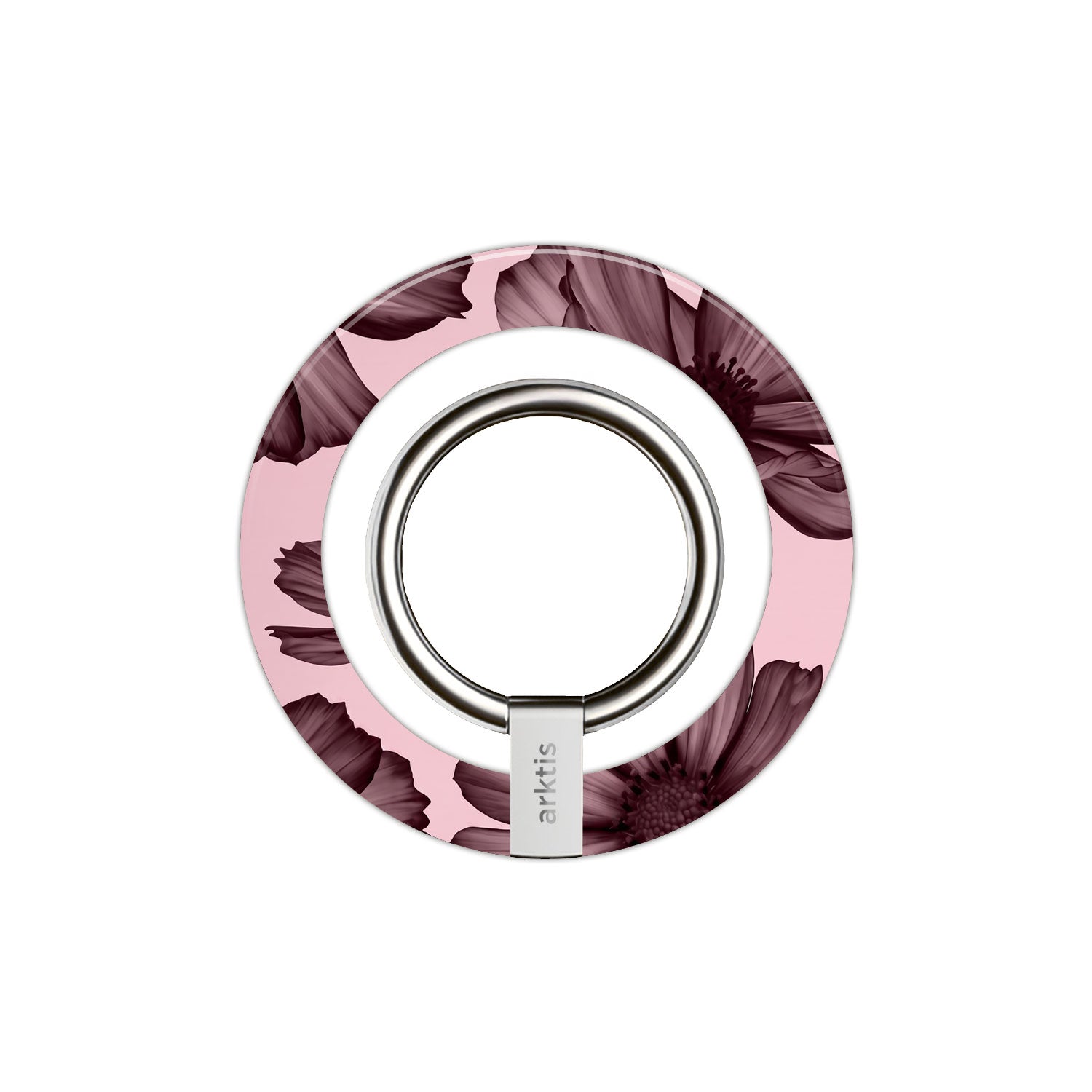 Der arktis Magnetischer Ringhalter für MagSafe - Bloom Case bietet ein rundes rosa Design mit lila Blumenmuster, metallischem Mittelring und starken N52-Magneten für sicheres, stilvolles iPhone Zubehör.