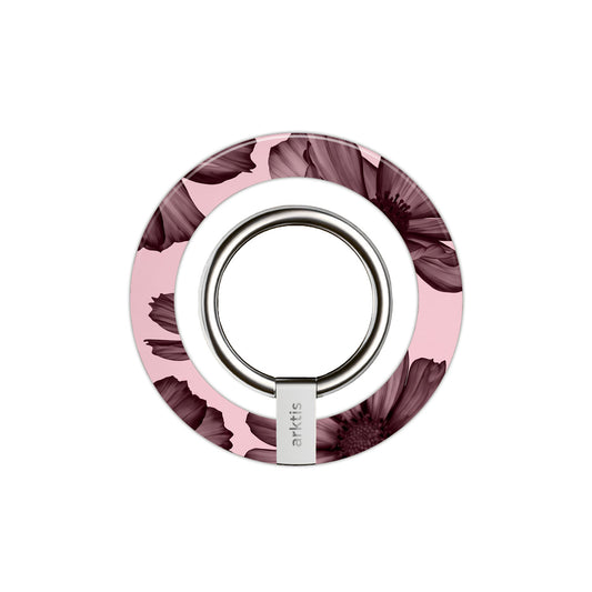 Der arktis Magnetischer Ringhalter für MagSafe - Bloom Case bietet ein rundes rosa Design mit lila Blumenmuster, metallischem Mittelring und starken N52-Magneten für sicheres, stilvolles iPhone Zubehör.