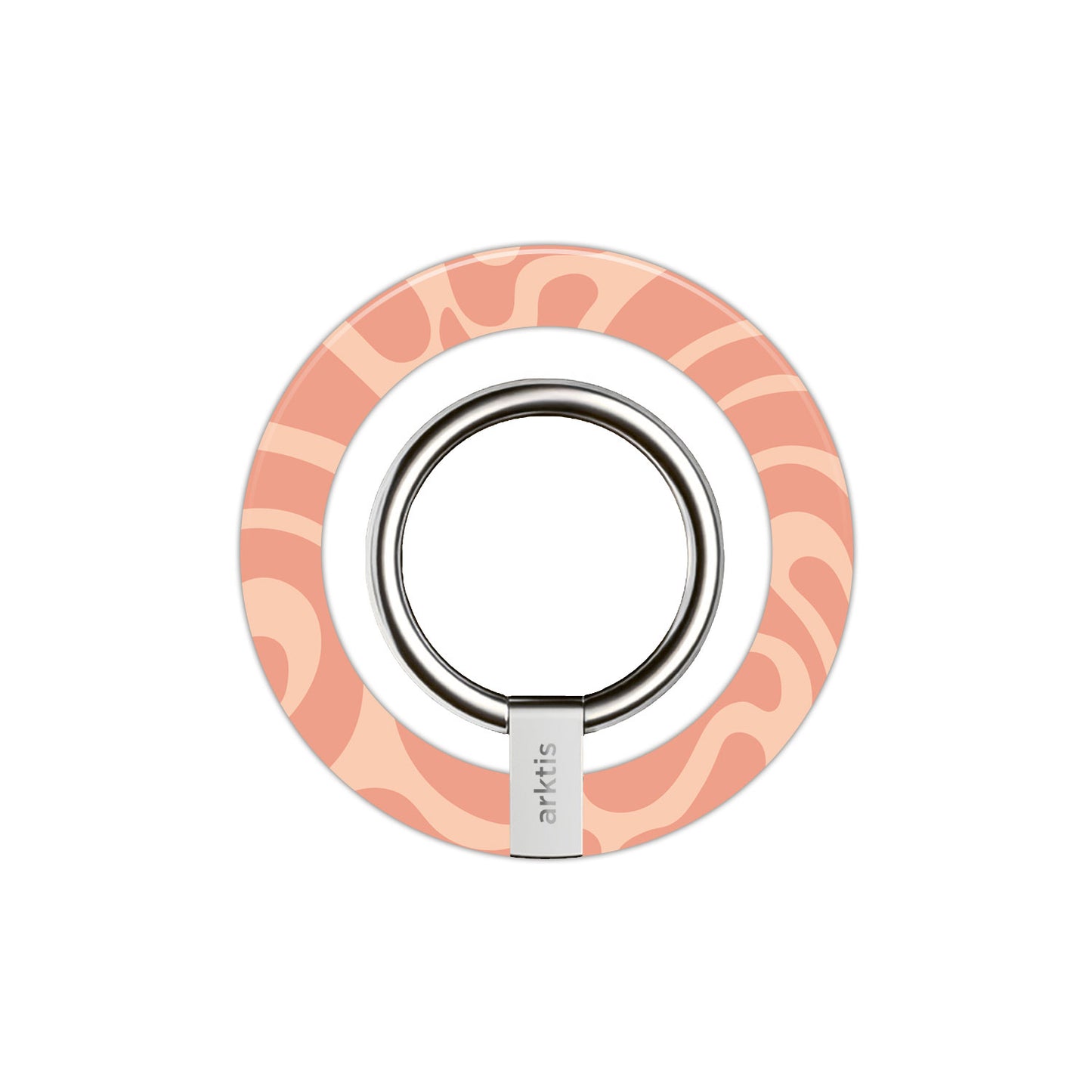 Der arktis iPhone MagSafe Ring Halter hat ein pfirsichfarbenes und pinkes Muster, einen silbernen Metallring, einen sicheren Neodym-Magneten und ein auffälliges arktis Branding - perfekt als stylisches Zubehör für Ihr iPhone.
