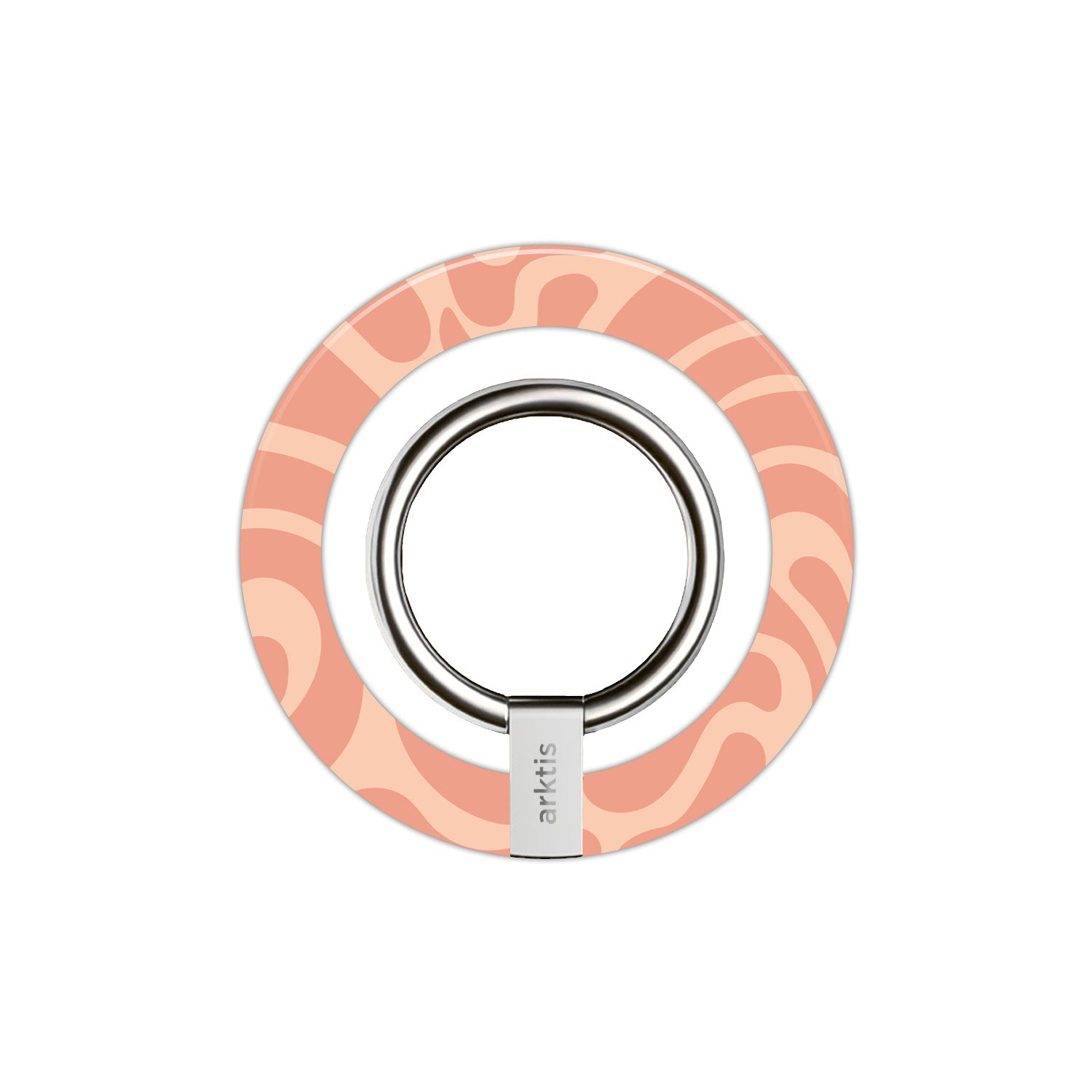 Der arktis iPhone MagSafe Ring Halter hat ein pfirsichfarbenes und pinkes Muster, einen silbernen Metallring, einen sicheren Neodym-Magneten und ein auffälliges arktis Branding - perfekt als stylisches Zubehör für Ihr iPhone.