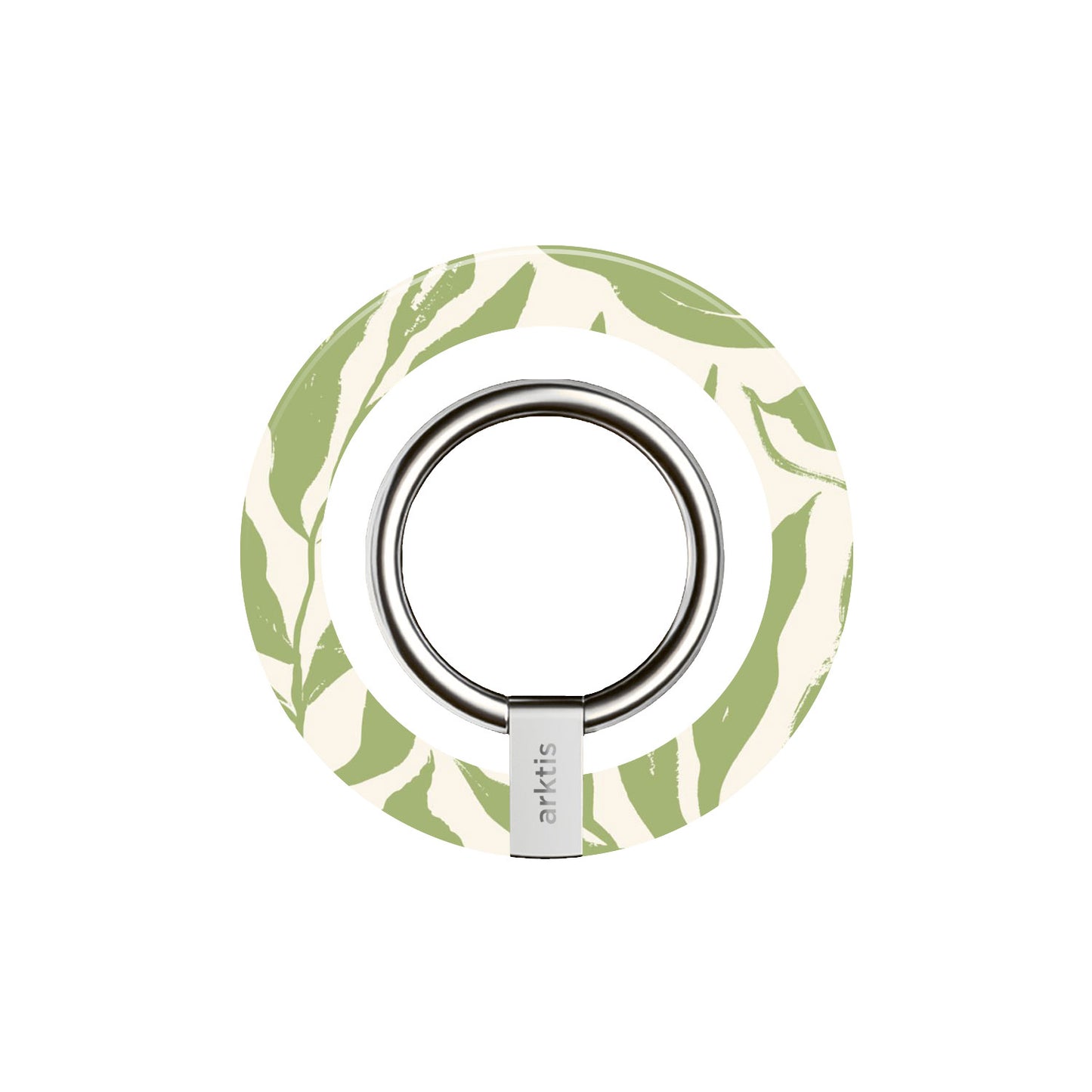 Der arktis Magnetischer Ringhalter für MagSafe - Botanic verfügt über ein grünes Blattdesign, einen zentralen silbernen Metallring, starke N52-Magnete für die sichere Verwendung von MagSafe und eignet sich perfekt als iPhone Zubehör.
