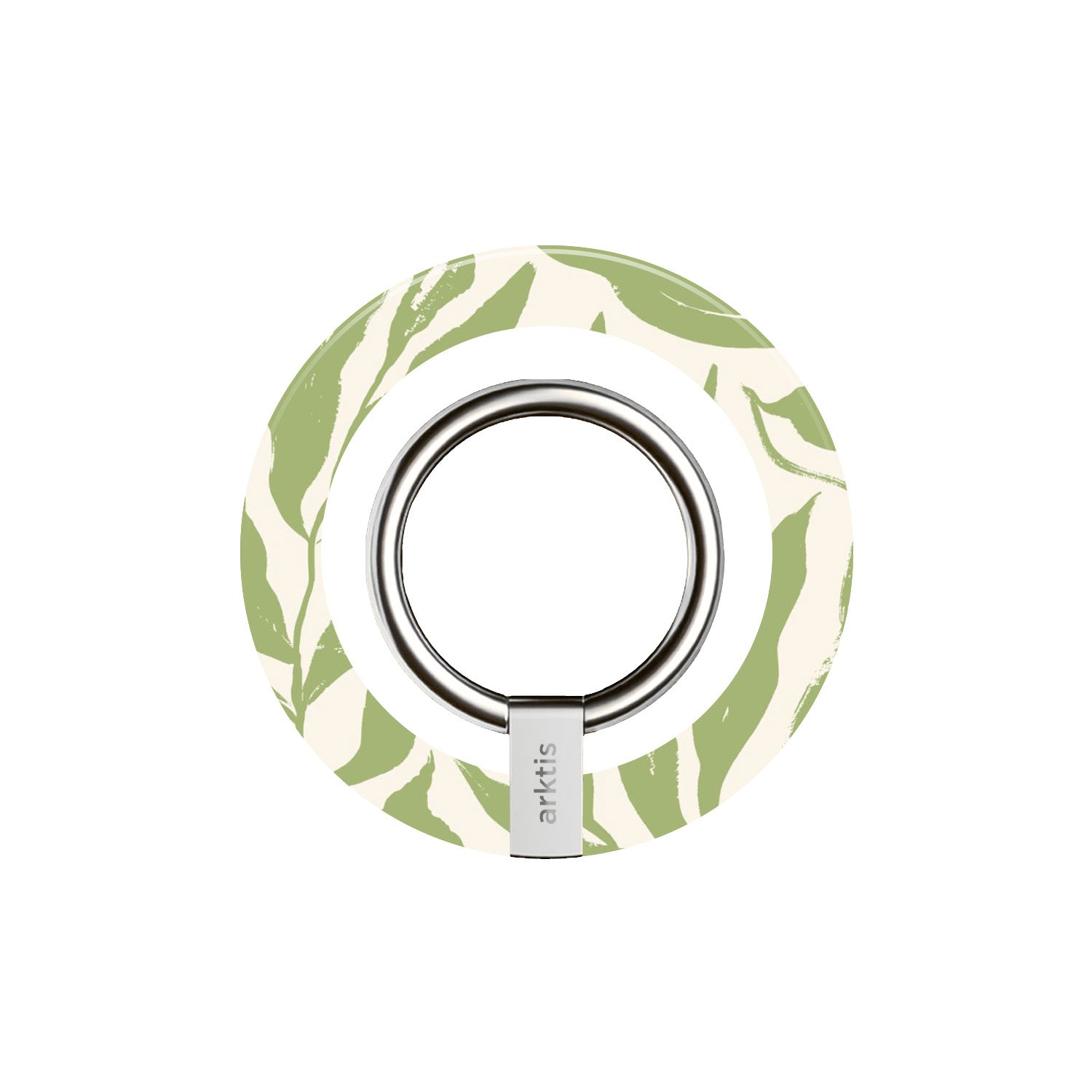 Der arktis Magnetischer Ringhalter für MagSafe - Botanic verfügt über ein grünes Blattdesign, einen zentralen silbernen Metallring, starke N52-Magnete für die sichere Verwendung von MagSafe und eignet sich perfekt als iPhone Zubehör.