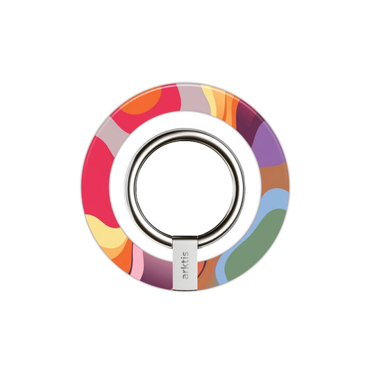 Der arktis Magnetischer Ringhalter für MagSafe - Happy Life bietet ein farbenfrohes abstraktes Design, einen zentralen silbernen Ring und starke N52 Magnete für sicheren Halt - ideal als stylisches iPhone Zubehör.