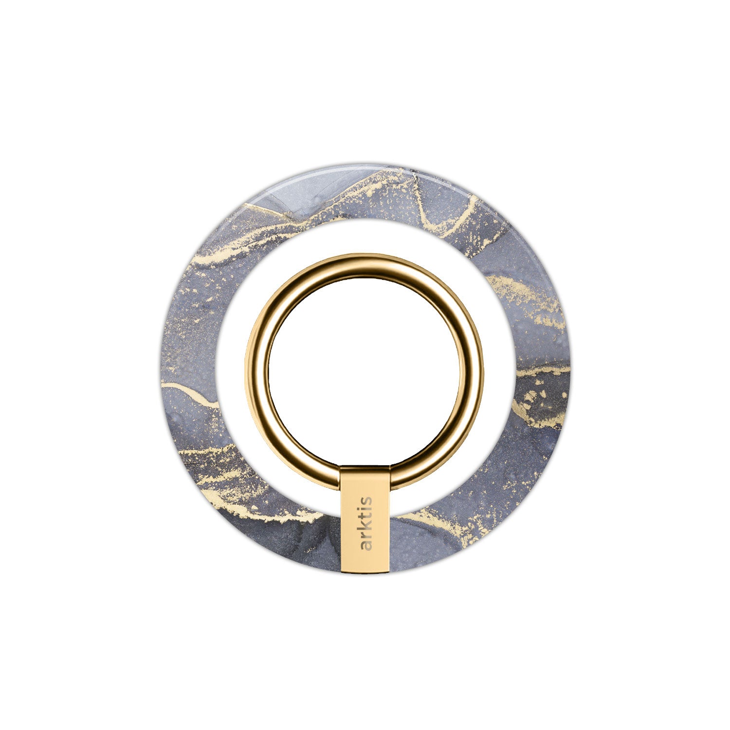 Der arktis iPhone MagSafe Ring Halter ist ein kreisförmiger Telefonringhalter mit einem goldenen Ring, einem marmorierten Sockel mit goldenen Akzenten und starken N52-Magneten für eine sichere MagSafe-Nutzung - perfekt als stylisches arktis iPhone Zubehör.