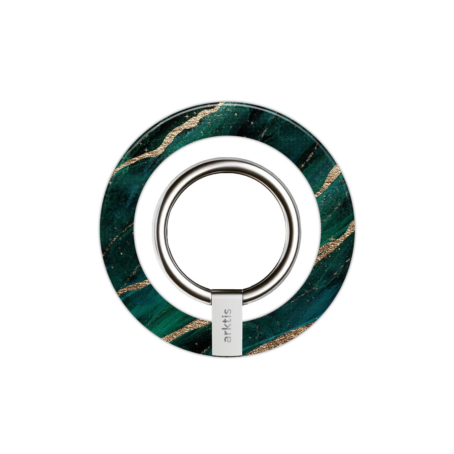 Der arktis iPhone MagSafe Ring Halter ist ein grünes, marmoriertes Accessoire mit goldenen Streifen, einem metallischen Zentrum mit der Aufschrift arktis und einem eingebauten Neodym-Magneten zur sicheren Befestigung.