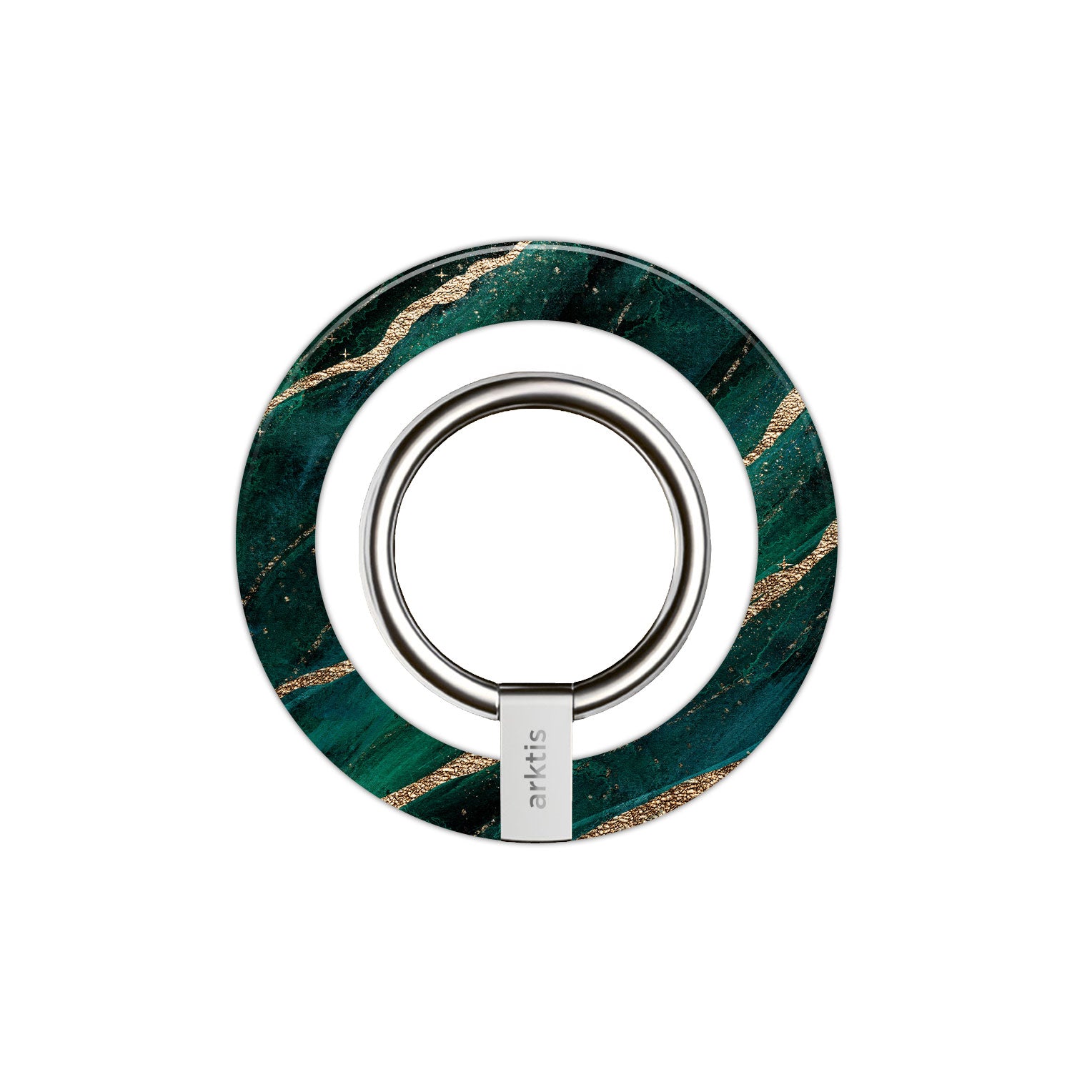 Der arktis iPhone MagSafe Ring Halter ist ein grünes, marmoriertes Accessoire mit goldenen Streifen, einem metallischen Zentrum mit der Aufschrift arktis und einem eingebauten Neodym-Magneten zur sicheren Befestigung.