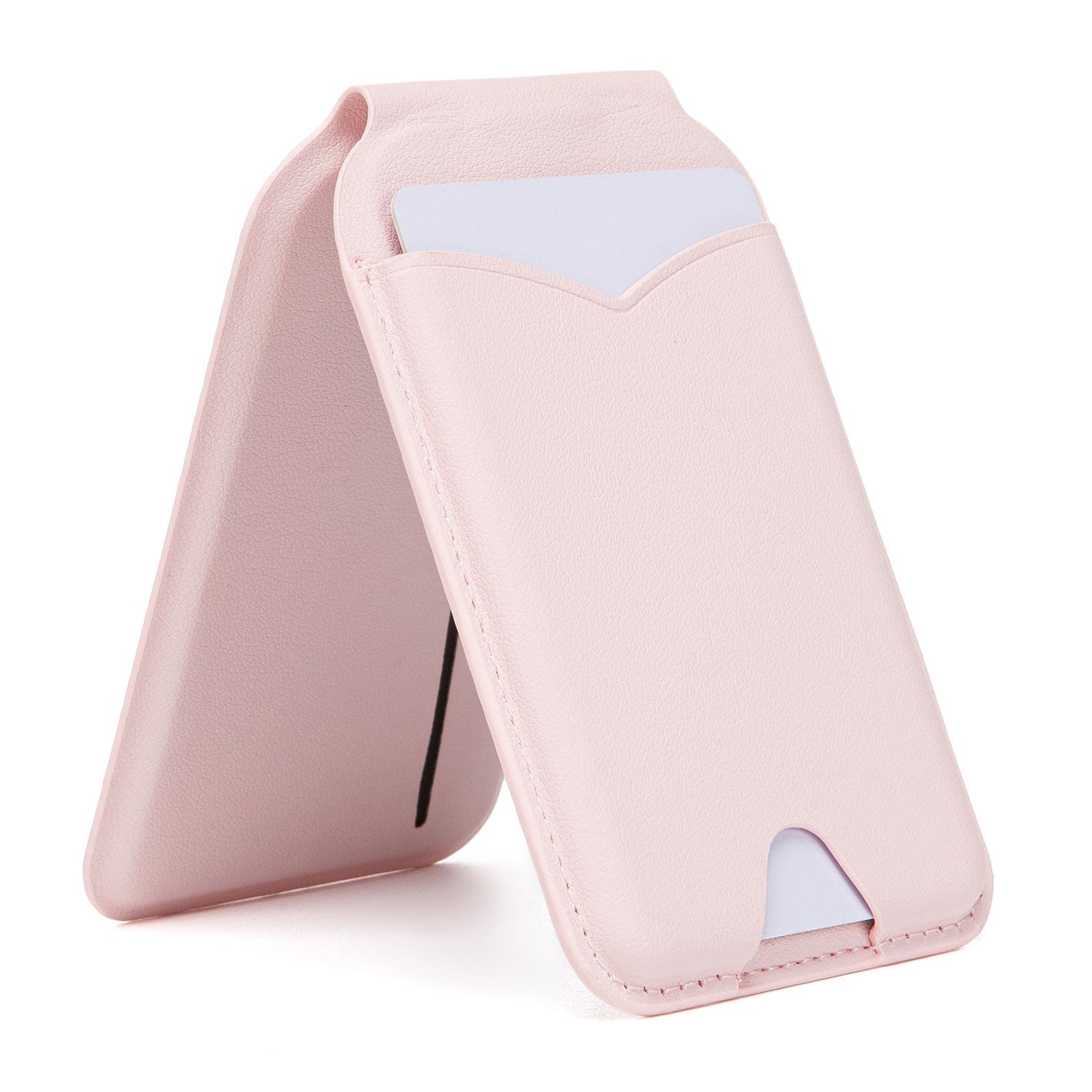 Der arktis iPhone MagSafe Wallet Kartenhalter mit Spiegel ist eine rosafarbene Kunstlederhülle für das iPhone 12, die über einen Kartenschlitz, einen Spiegel und eine weich strukturierte Oberfläche verfügt.