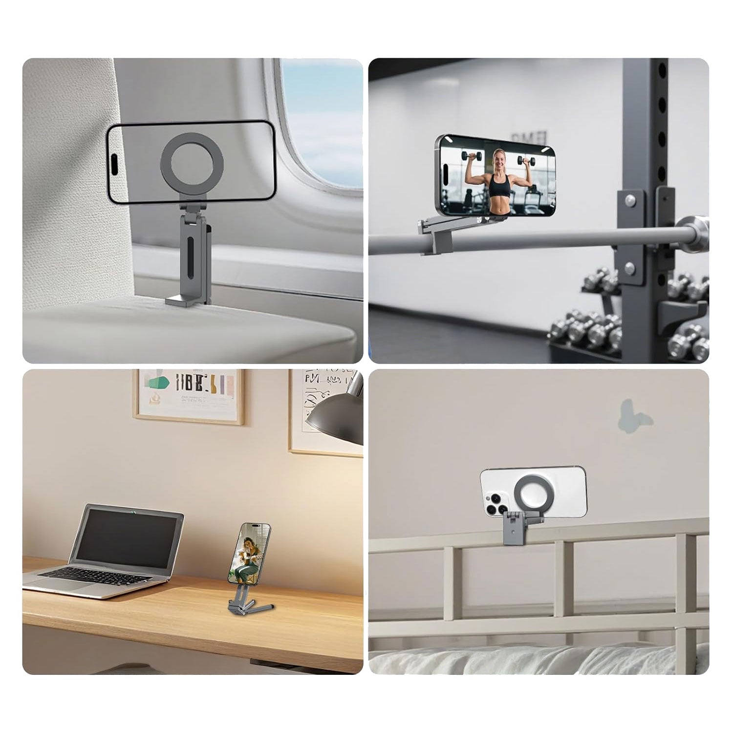 Collage von vier Szenen mit einem iPhone auf der arktis iPhone MagSafe Tripod 360 Halterung in verschiedenen Umgebungen - Flugzeug, Fitnessstudio, Schreibtisch und Bett - die zeigen, dass dieses arktis Zubehör perfekt für jede Umgebung ist.