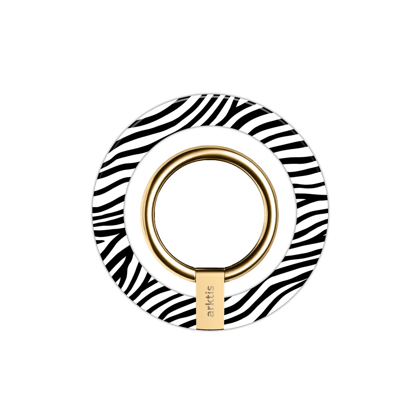 Der arktis iPhone MagSafe Ring Halter verfügt über einen goldenen Ring mit kreisförmigem Zebradruck und dem eingravierten Schriftzug "arktis". Er kombiniert starke N52-Magnete für sicheren, stilvollen Komfort der Marke arktis.