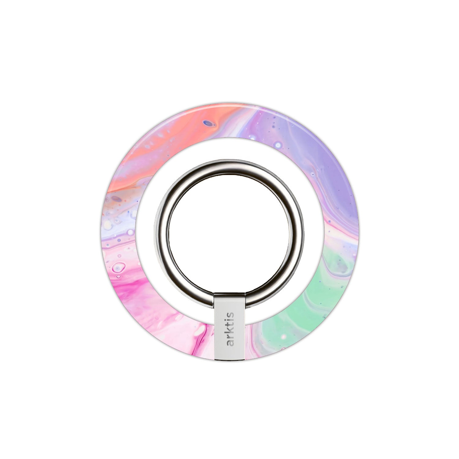 Der magnetische Ringhalter für MagSafe "Neo Marble" von arktis besticht durch ein farbenfrohes Marmor-Design, silbernen Metallring und ist das perfekte stylische iPhone Zubehör.