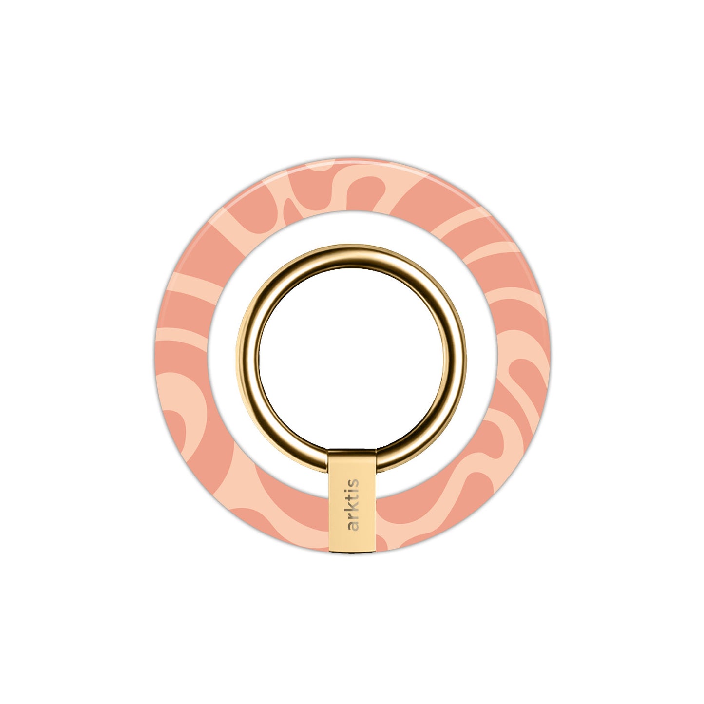 Der arktis iPhone MagSafe Ring Halter ist eine runde Handyhalterung von arktis mit goldenem Ring und rosafarbenem, gewelltem Boden, die stylisches iPhone Zubehör und eine sichere Neodym Magnetbefestigung bietet.