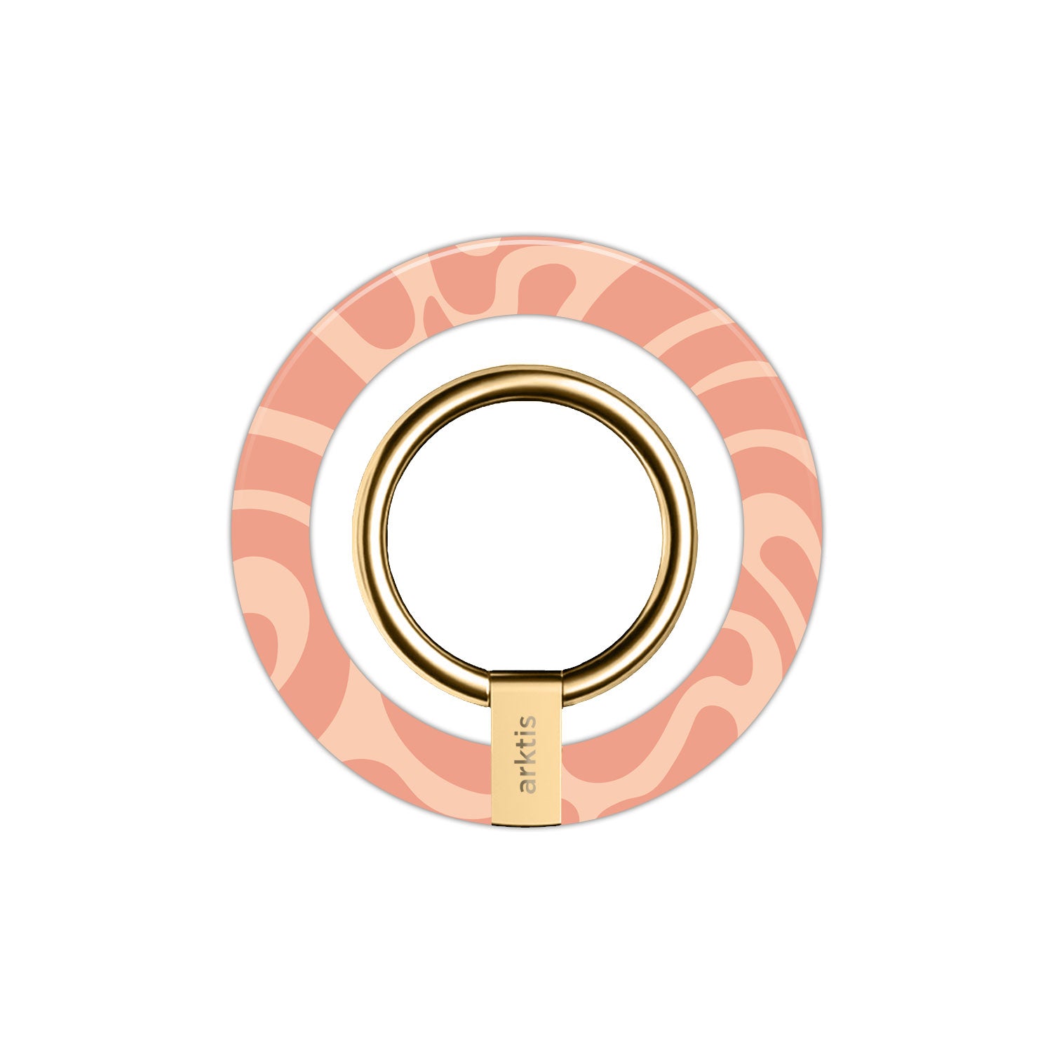 Der arktis iPhone MagSafe Ring Halter ist eine runde Handyhalterung von arktis mit goldenem Ring und rosafarbenem, gewelltem Boden, die stylisches iPhone Zubehör und eine sichere Neodym Magnetbefestigung bietet.
