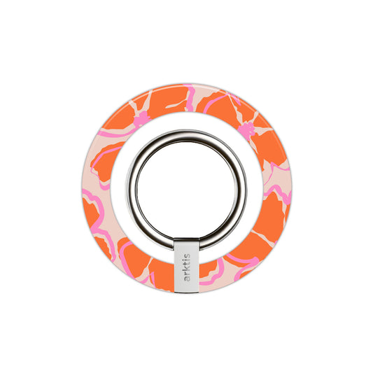 Der arktis Magnetischer Ringhalter für MagSafe - Orange Mallow zeigt ein rosa-oranges Blumendesign mit einem silbernen Ring und bietet Ihrem iPhone sicheren und stilvollen Halt.