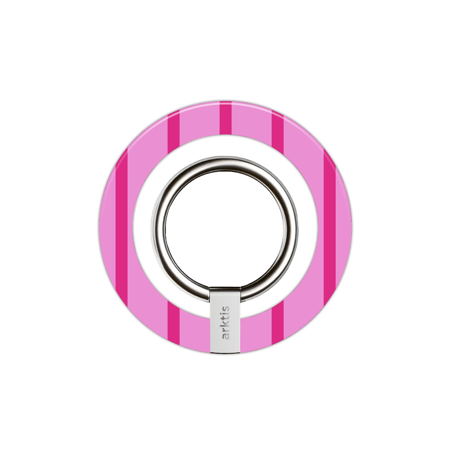 Der Magnetische Ringhalter für MagSafe - Lady Stripes von arktis zeichnet sich durch ein rundes, pinkfarbenes Streifendesign mit einem silbernen Ring aus - ein stylisches iPhone Zubehör.