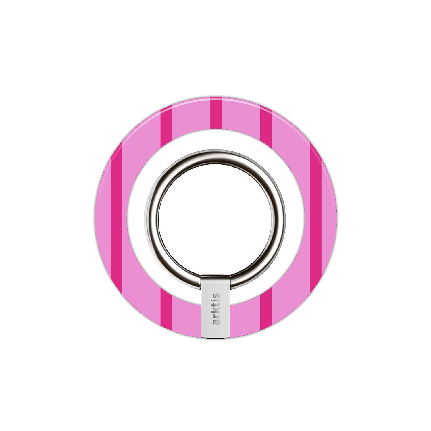 Der Magnetische Ringhalter für MagSafe - Lady Stripes von arktis zeichnet sich durch ein rundes, pinkfarbenes Streifendesign mit einem silbernen Ring aus - ein stylisches iPhone Zubehör.