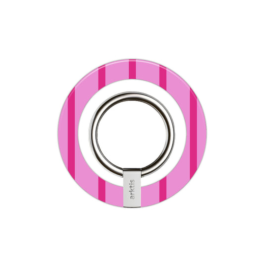 Der Magnetische Ringhalter für MagSafe - Lady Stripes von arktis zeichnet sich durch ein rundes, pinkfarbenes Streifendesign mit einem silbernen Ring aus - ein stylisches iPhone Zubehör.