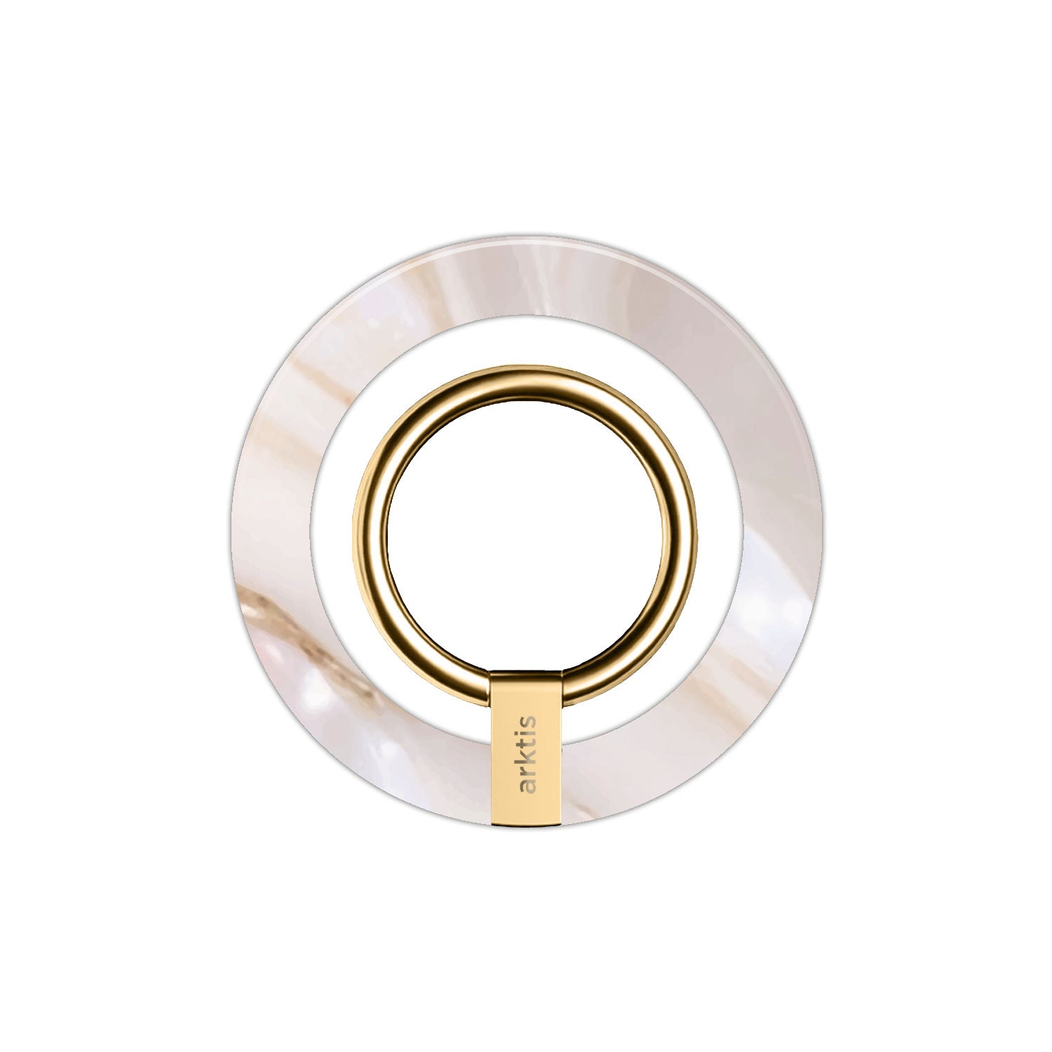 Der arktis iPhone MagSafe Ring Halter verfügt über einen goldenen Metallring auf einem runden, perlmuttfarbenen Sockel mit eingraviertem "arktis" - ein unverzichtbares iPhone-Accessoire.