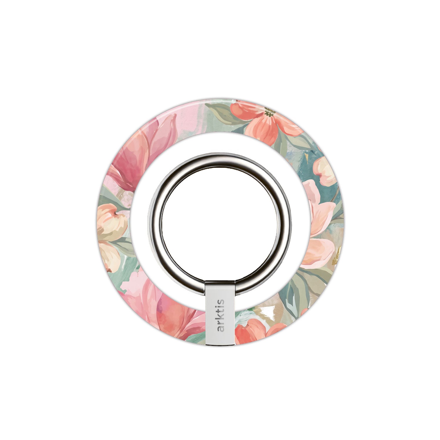 Der arktis Magnetischer Ringhalter für MagSafe - Pastel Flowers ist ein stilvoller Telefonringhalter mit pastellfarbenem Blumenmuster und graviertem Silberring, der mit einem starken N52-Magneten für sicheren Halt sorgt - ein eleganter iPhone Zubehör und MagSafe Ringhalter.