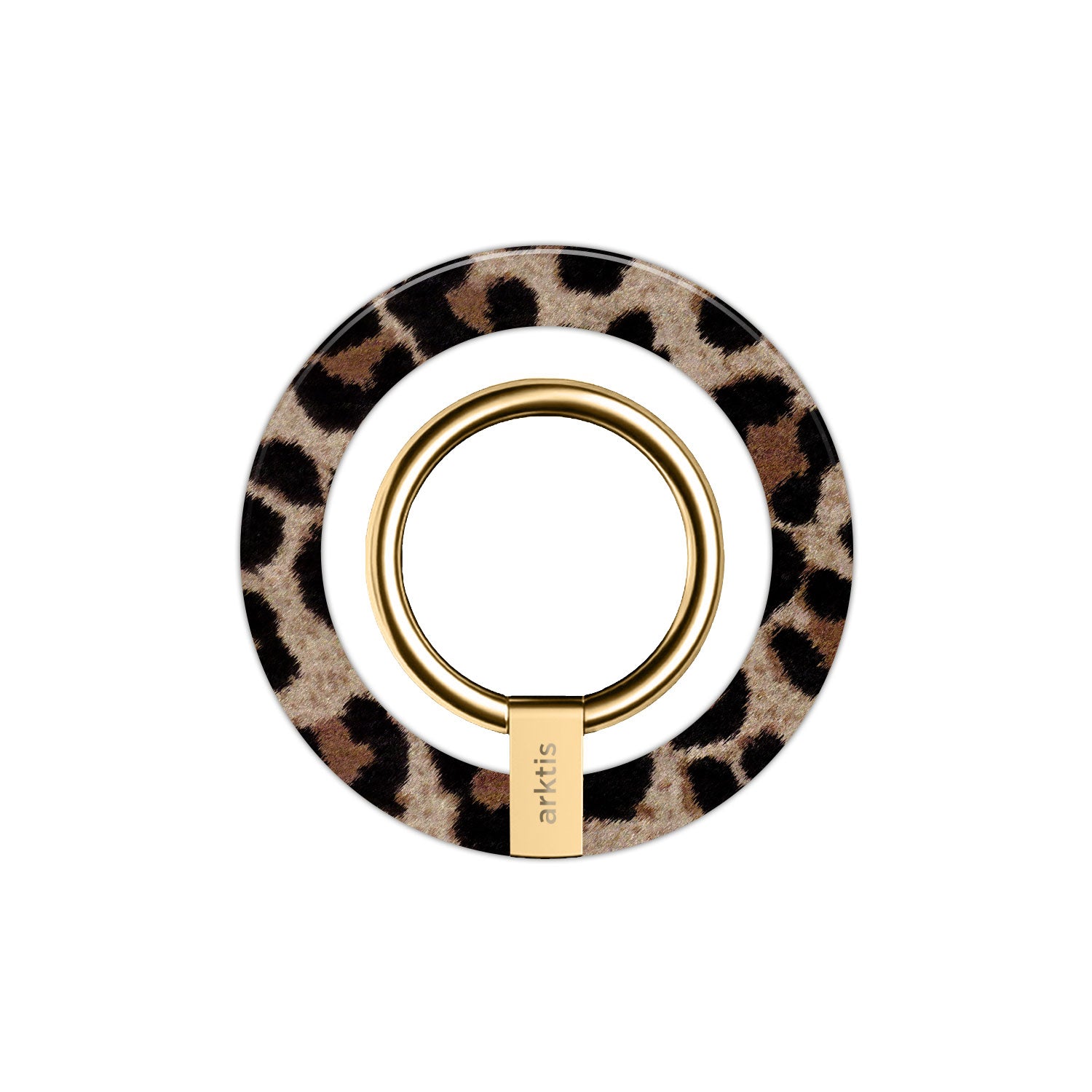 Der arktis iPhone MagSafe Ring Halter ist ein kreisförmiger Telefongriff mit einem Außenring mit Leopardenmuster, einem goldenen Innenring und dem artis-Branding, der eine sichere magnetische Befestigung für Ihr iPhone bietet.