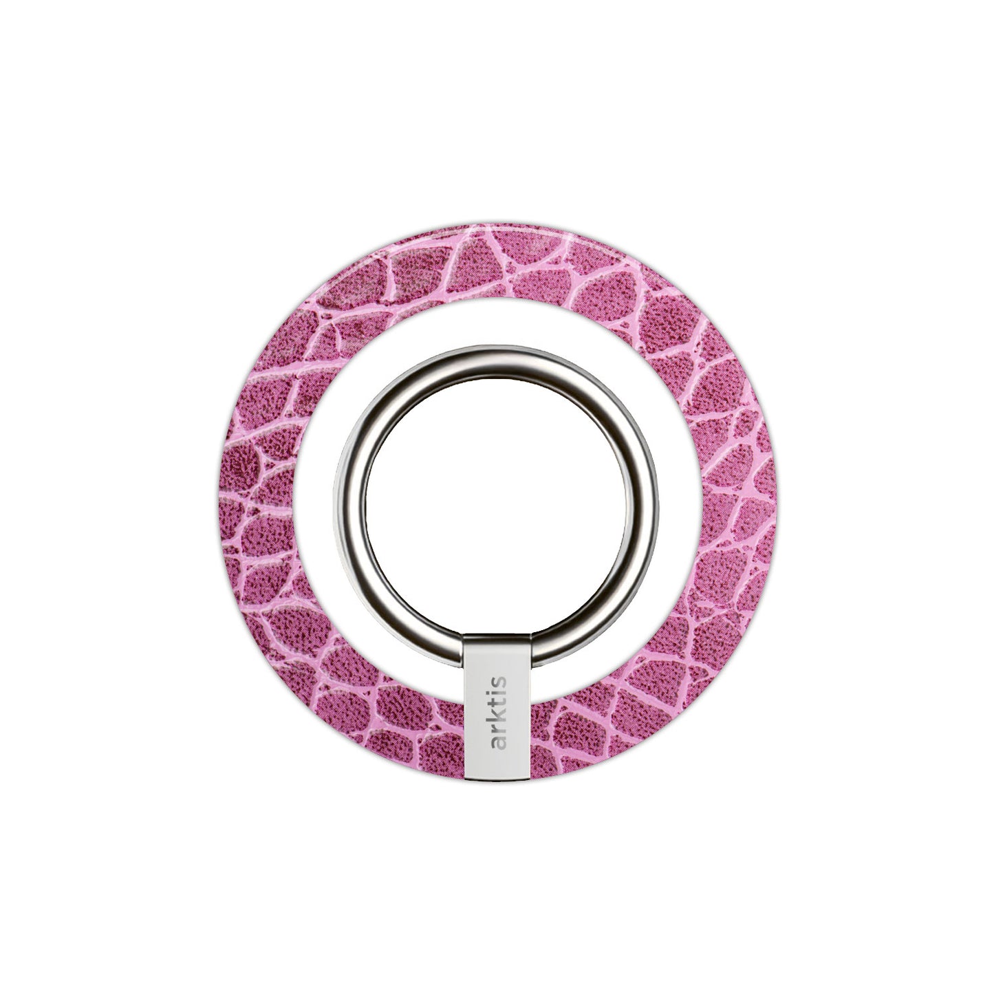 Ein kreisrunder, rosa-weißer MagSafe Ringhalter von arktis mit Eidechsenstruktur und dem markentypischen Zubehör für Ihr iPhone.