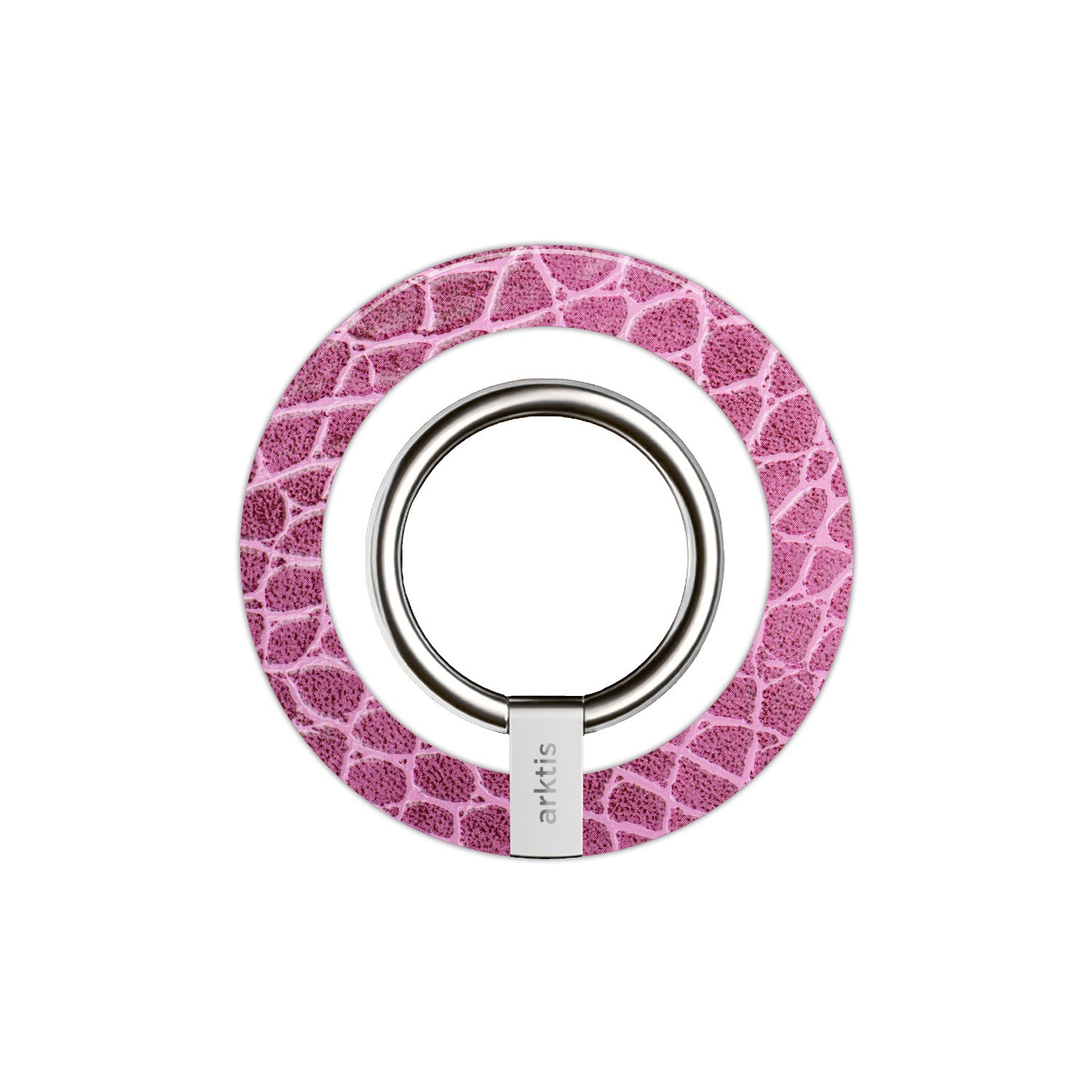 Ein kreisrunder, rosa-weißer MagSafe Ringhalter von arktis mit Eidechsenstruktur und dem markentypischen Zubehör für Ihr iPhone.