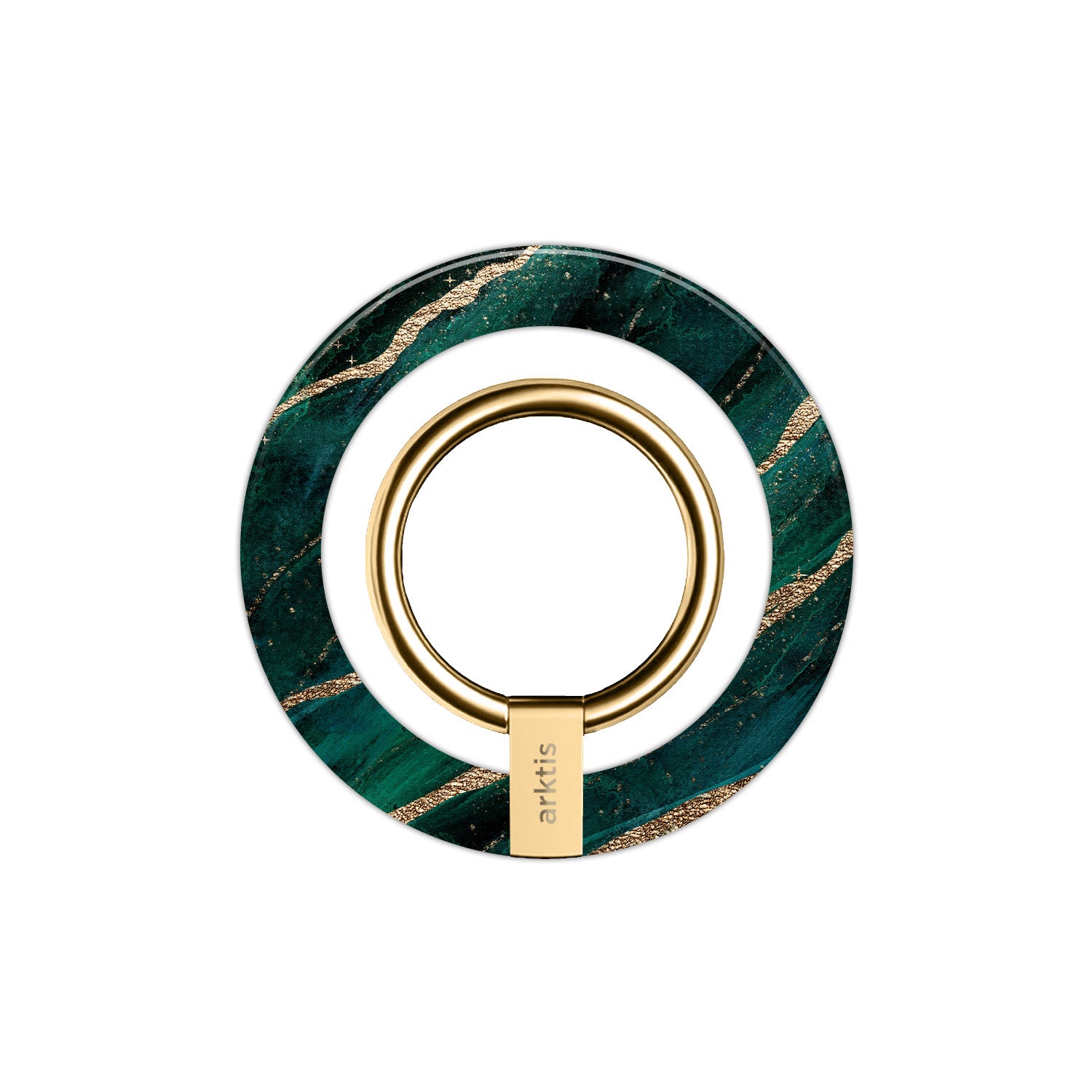 Der arktis iPhone MagSafe Ringhalter ist ein stylischer, runder Handyhalter mit gold-grünem Marmor-Design, starken Neodym-Magneten und dem arktis-Logo auf dem Band - ein ideales iPhone-Accessoire.