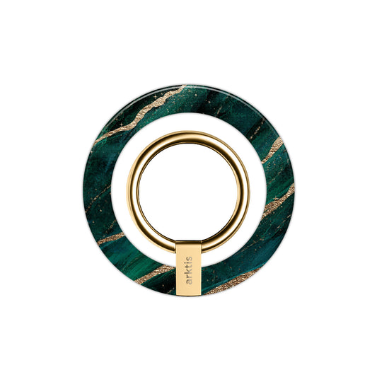 Der arktis iPhone MagSafe Ringhalter ist ein stylischer, runder Handyhalter mit gold-grünem Marmor-Design, starken Neodym-Magneten und dem arktis-Logo auf dem Band - ein ideales iPhone-Accessoire.