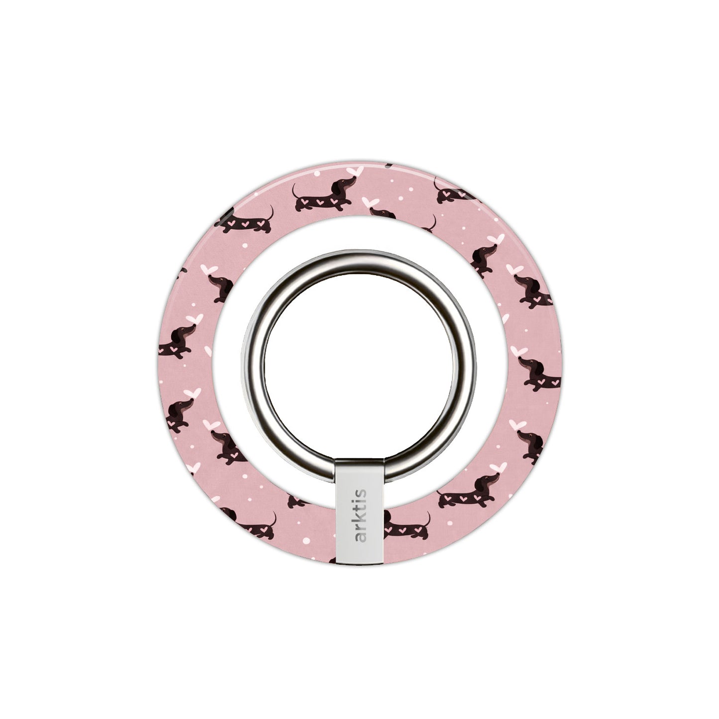 Der arktis Magnetischer Ringhalter für MagSafe - Dackel Love ist das perfekte iPhone Zubehör: runder Halter mit rosa Hintergrund und Dackel-Muster für stylische und praktische Nutzung.