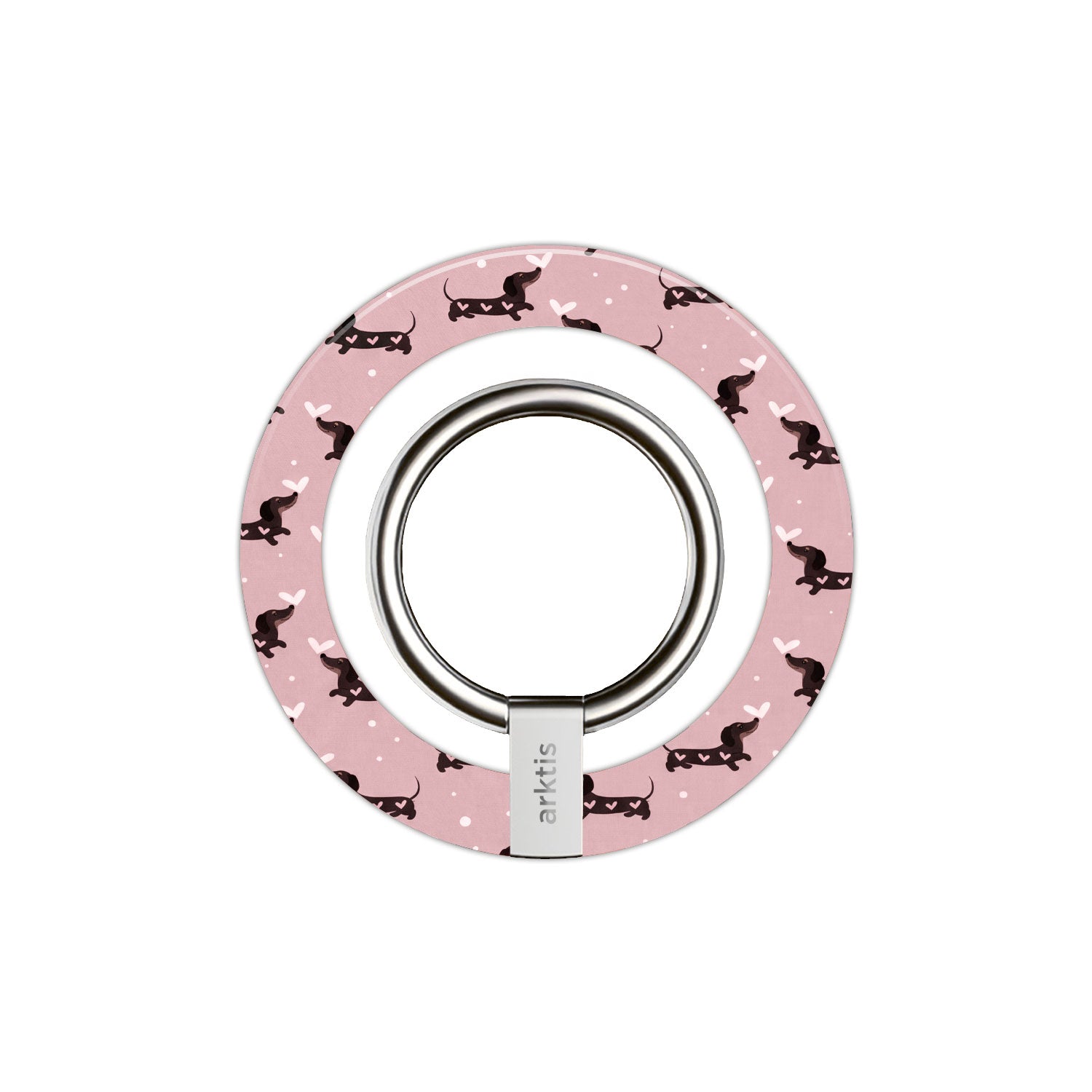 Der arktis Magnetischer Ringhalter für MagSafe - Dackel Love ist das perfekte iPhone Zubehör: runder Halter mit rosa Hintergrund und Dackel-Muster für stylische und praktische Nutzung.