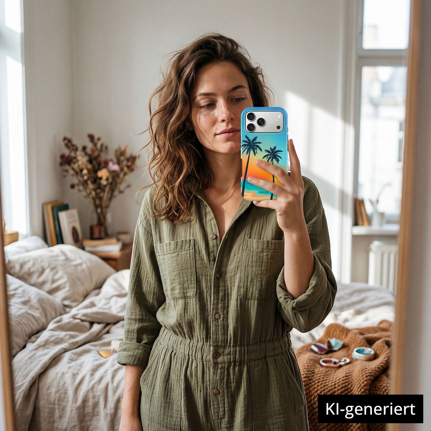 Frau im grünen Kleid macht ein Spiegel-Selfie in einem gemütlichen Schlafzimmer, in der Hand eine arktis iPhone 14 Pro Max Hülle - Sunset Beach aus stoßabsorbierendem TPU-Silikon. KI-generiert.