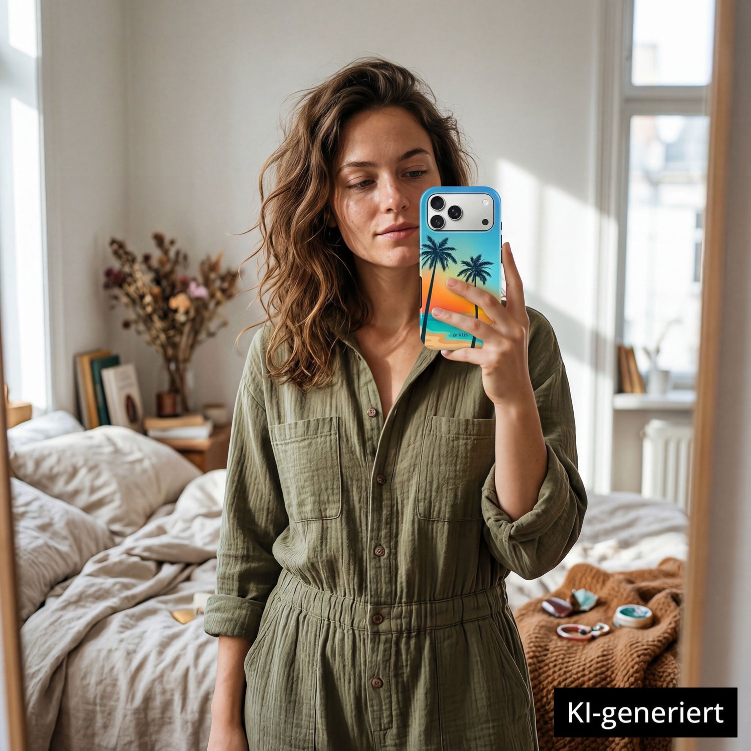 Frau im grünen Kleid macht ein Spiegel-Selfie in einem gemütlichen Schlafzimmer, in der Hand eine arktis iPhone 14 Pro Max Hülle - Sunset Beach aus stoßabsorbierendem TPU-Silikon. KI-generiert.