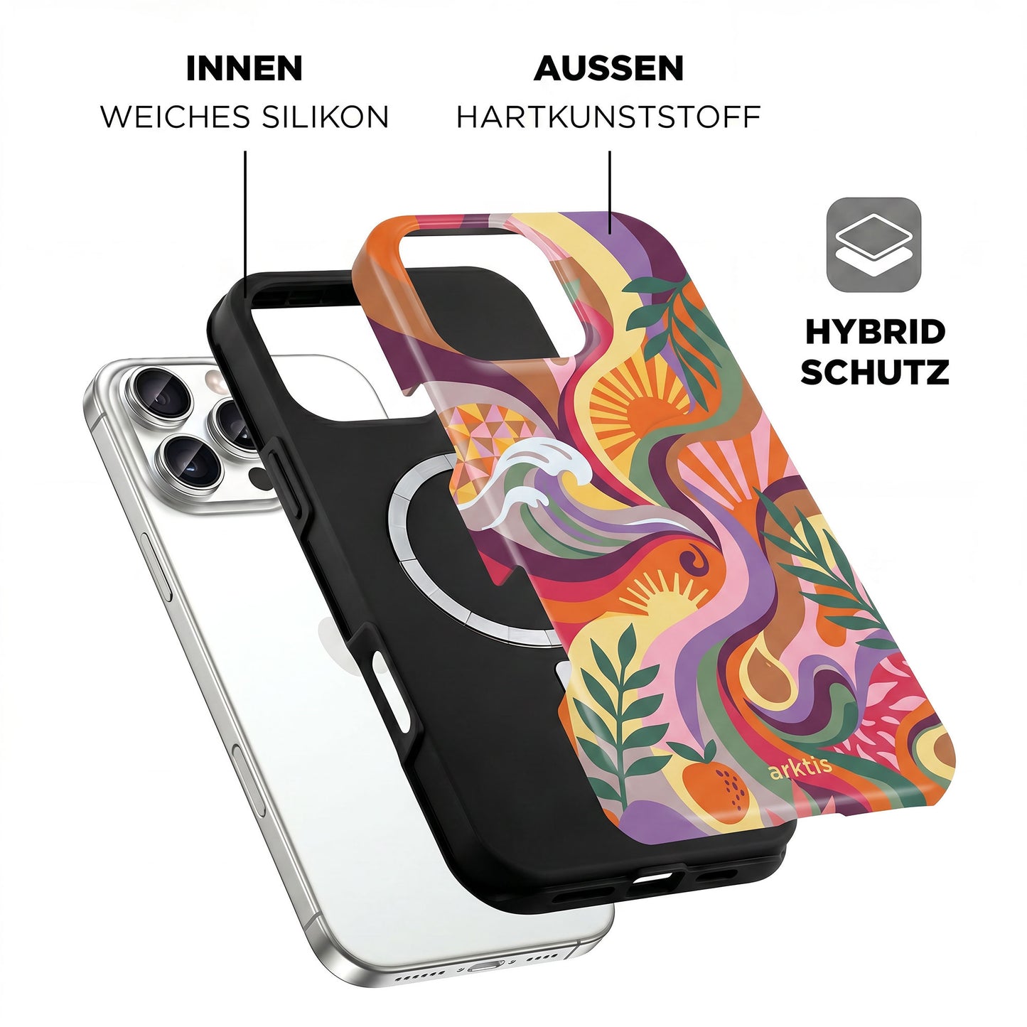 Die arktis iPhone 16 Pro Max Hülle - Summer verfügt über ein abstraktes, farbenfrohes Design mit einer Innenschicht aus stoßabsorbierendem Silikon und einer Hartplastik-Außenseite. MagSafe kompatibel für einfaches Aufladen. Marke: arktis.