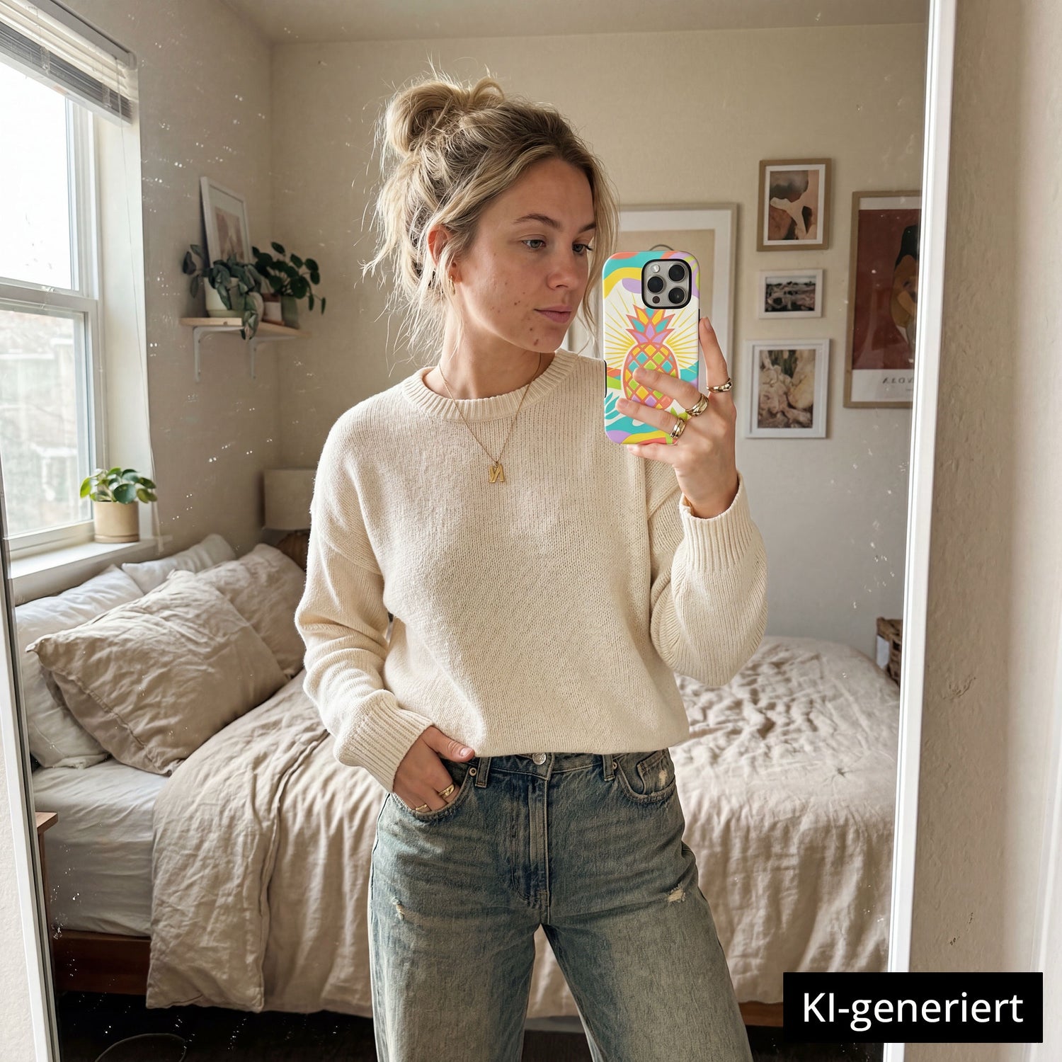 Eine Frau macht ein Selfie in einem gemütlichen Schlafzimmer. Sie trägt einen cremefarbenen Pullover und Jeans und hält ihr arktis iPhone 14 Hülle - Tropic Pineapple. Kunstakzente an den Wänden verleihen der Szene Wärme. KI-generiert.