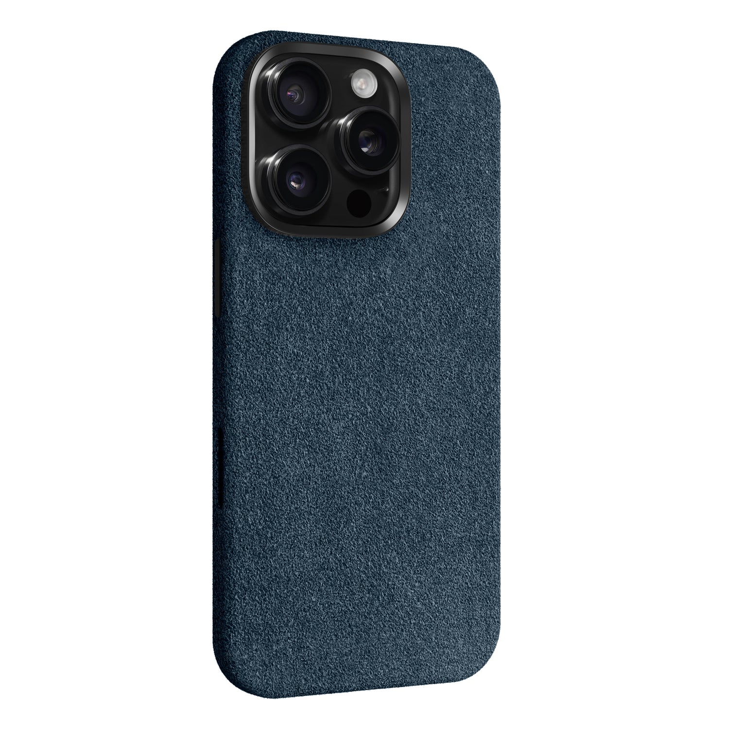 Die arktis iPhone 17 Pro Hülle aus Alcantara ist eine blaue, strukturierte Hülle aus Italien. Sie passt für Smartphones mit drei Kameralinsen und einem Blitz.