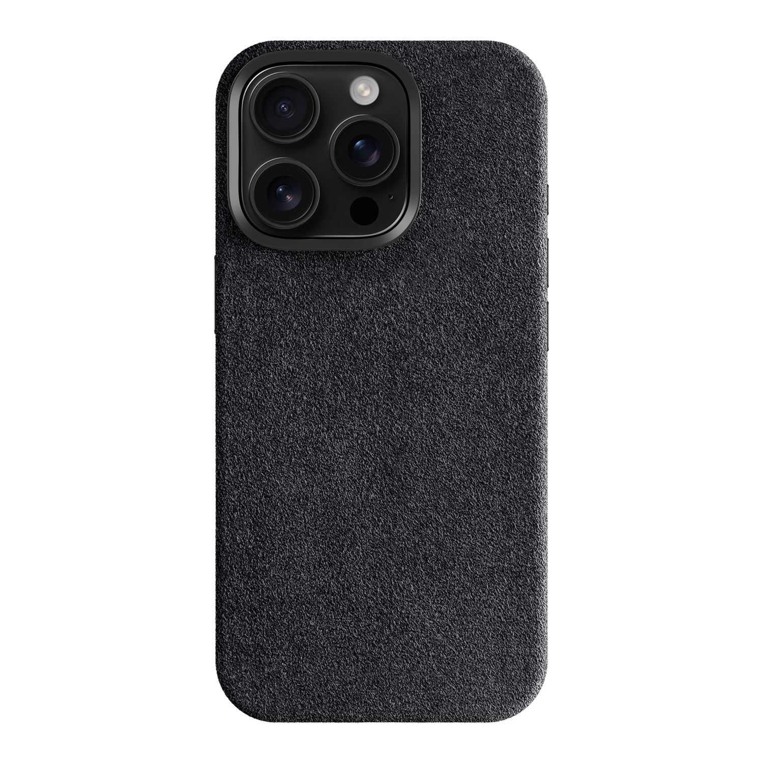 Die arktis iPhone 17 Pro Hülle aus Alcantara ist eine schwarze Smartphone-Hülle mit strukturierter Oberfläche, die von der Rückseite mit drei sichtbaren Kameralinsen gezeigt wird.