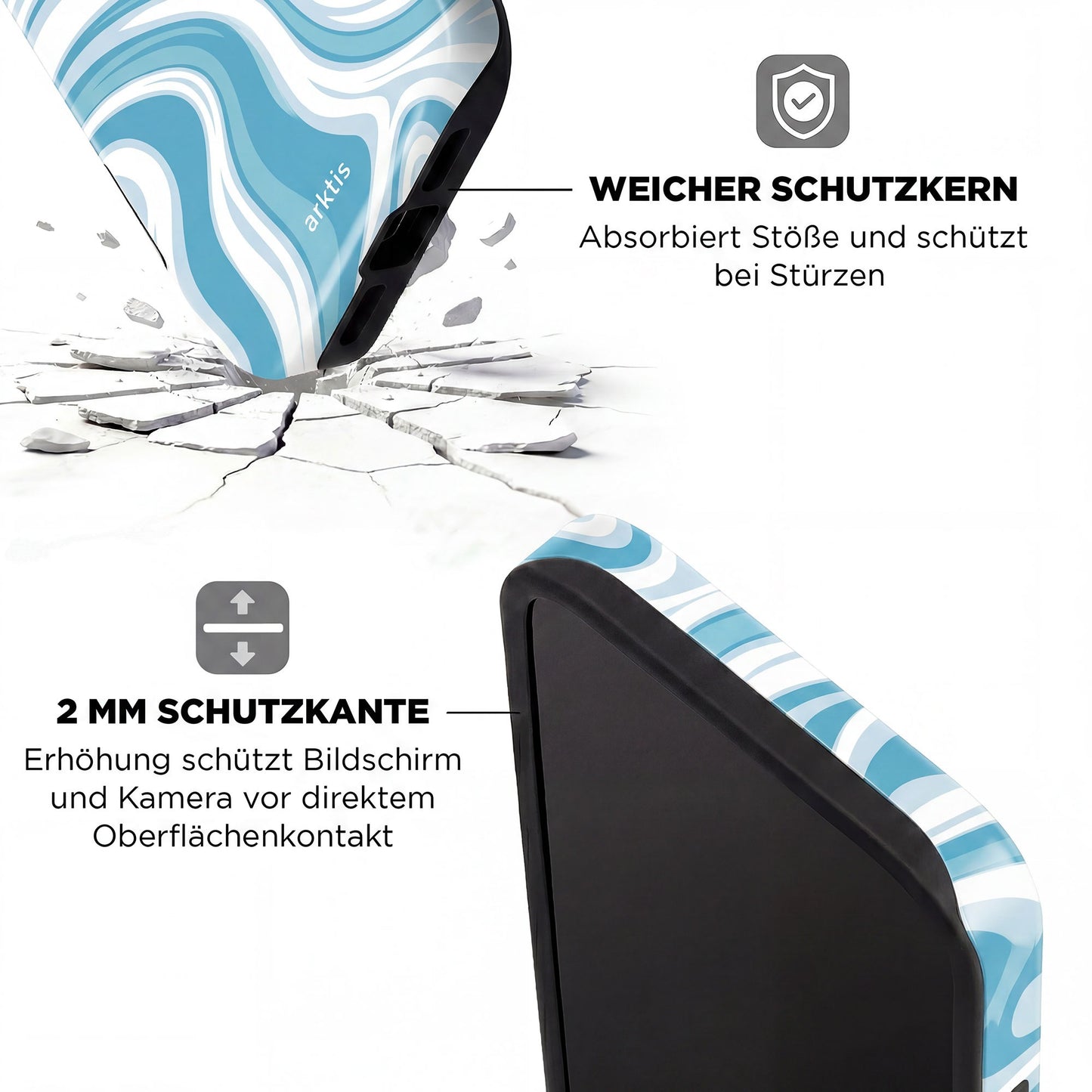 Nahaufnahme der arktis iPhone 14 Pro Max Hülle - Blue Lagoon, aus stoßabsorbierendem TPU-Silikon, mit ihren Schutzfunktionen in Deutsch, mit rissigem Boden darunter.