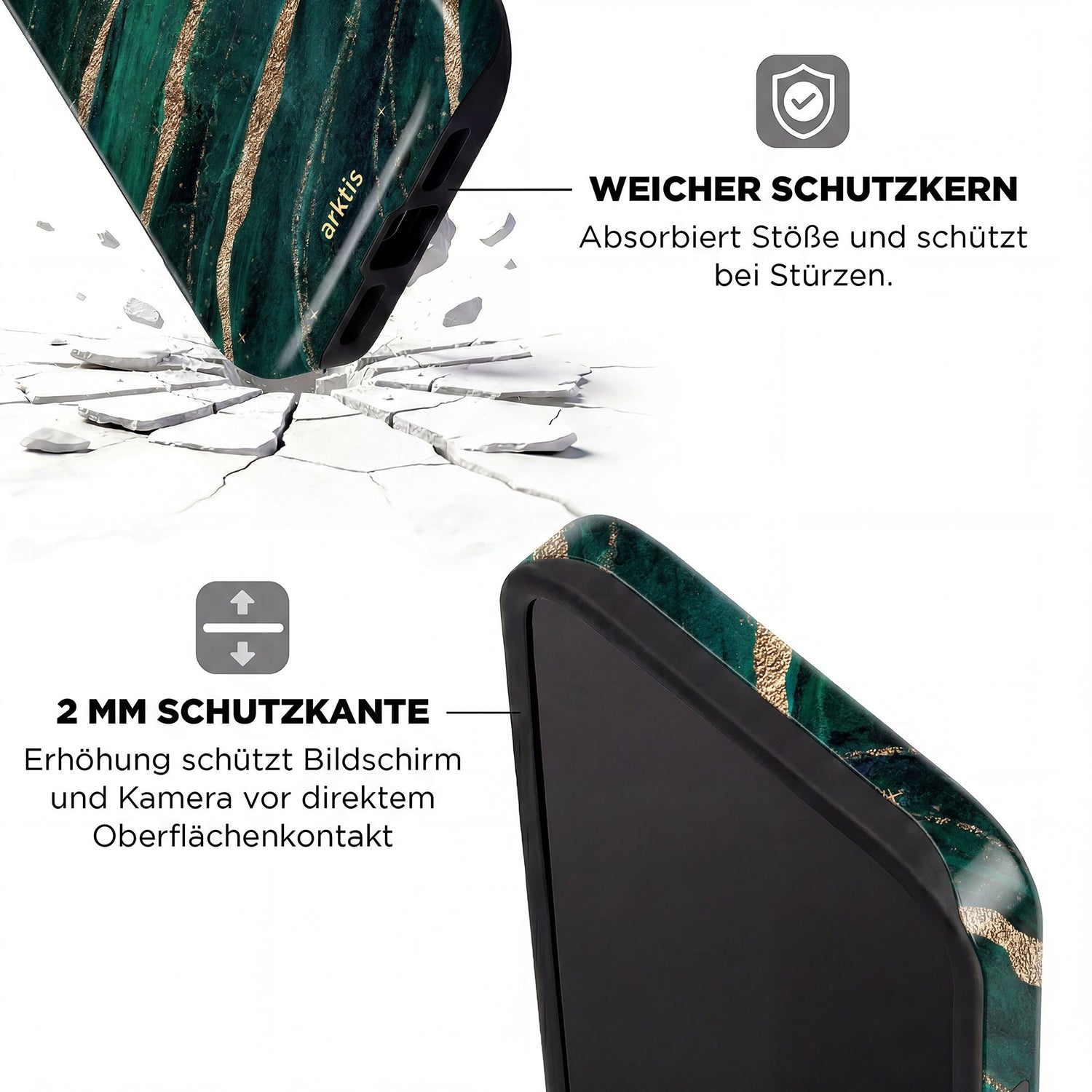 Die arktis iPhone 14 Pro Max Hülle - Green Marble bietet stoßabsorbierendes TPU-Silikon, 2mm erhöhte Schutzkante und MagSafe-Kompatibilität für kabelloses Laden - stylisches grün-goldenes Marmor-Design von arktis.