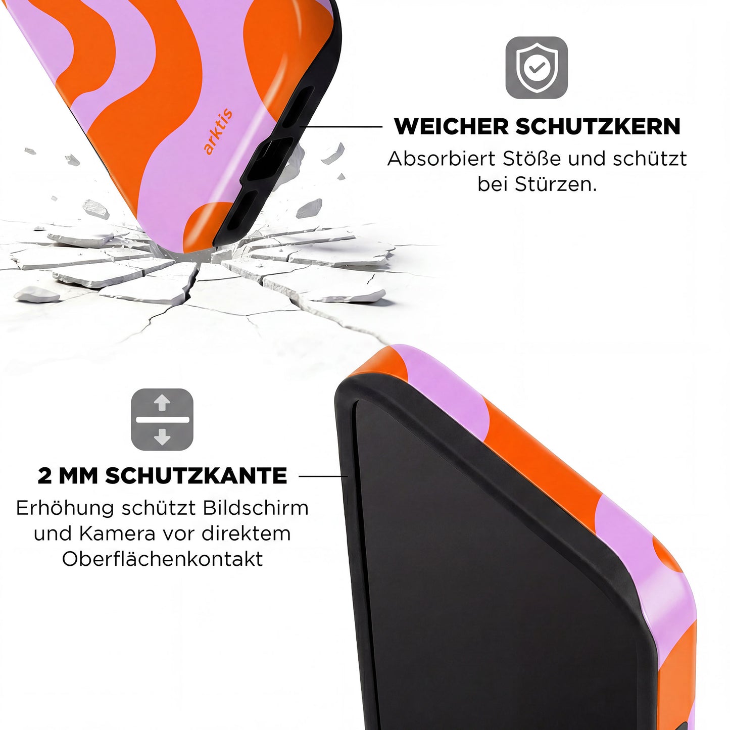 Die arktis iPhone 14 Pro Max Hülle - Knokke Queen bietet stoßabsorbierendes TPU-Silikon, verstärkte Ecken und optimalen Schutz. MagSafe-kompatibel für kabelloses Laden, im orange-lila Design von arktis.