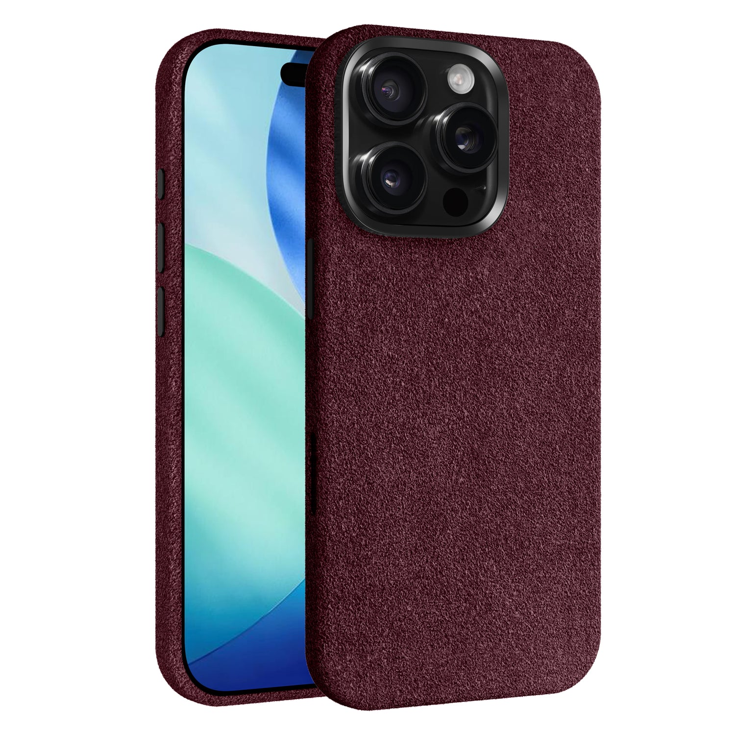 Die arktis iPhone 17 Pro Hülle aus Alcantara ist in kastanienbraunem, strukturiertem Finish gehalten und zeigt das Display auf der Vorderseite und die dreifache Kamera auf der Rückseite.